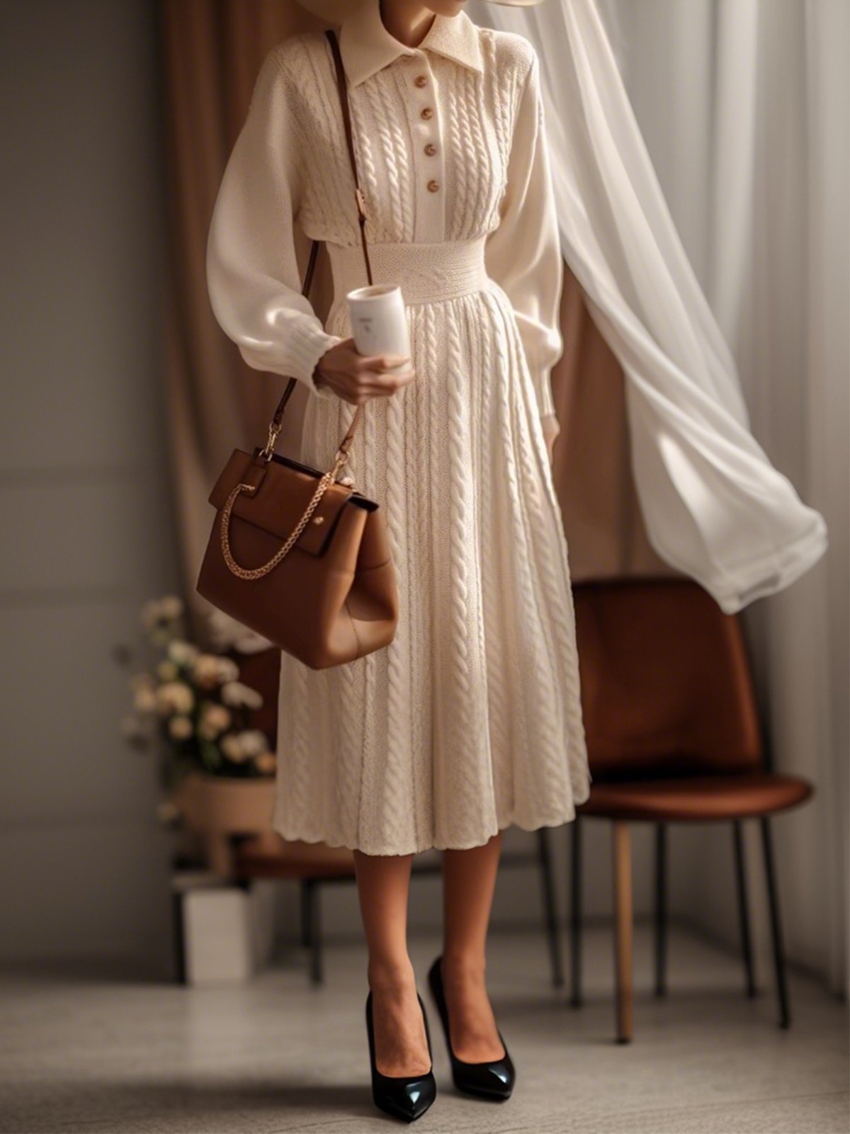 Plain Elegant Balloon Sleeve Regular Fit Sweater Midi Dress