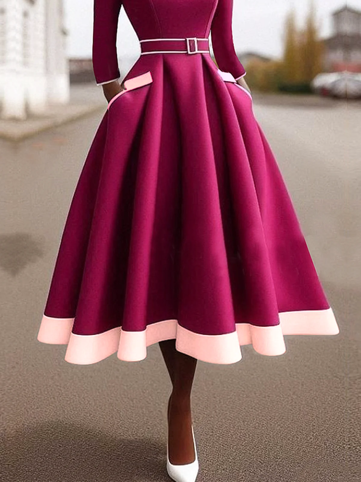 Color Block Regular Sleeve Regular Fit Crew Neck Three Quarter Sleeve Elegant Dress With Belt