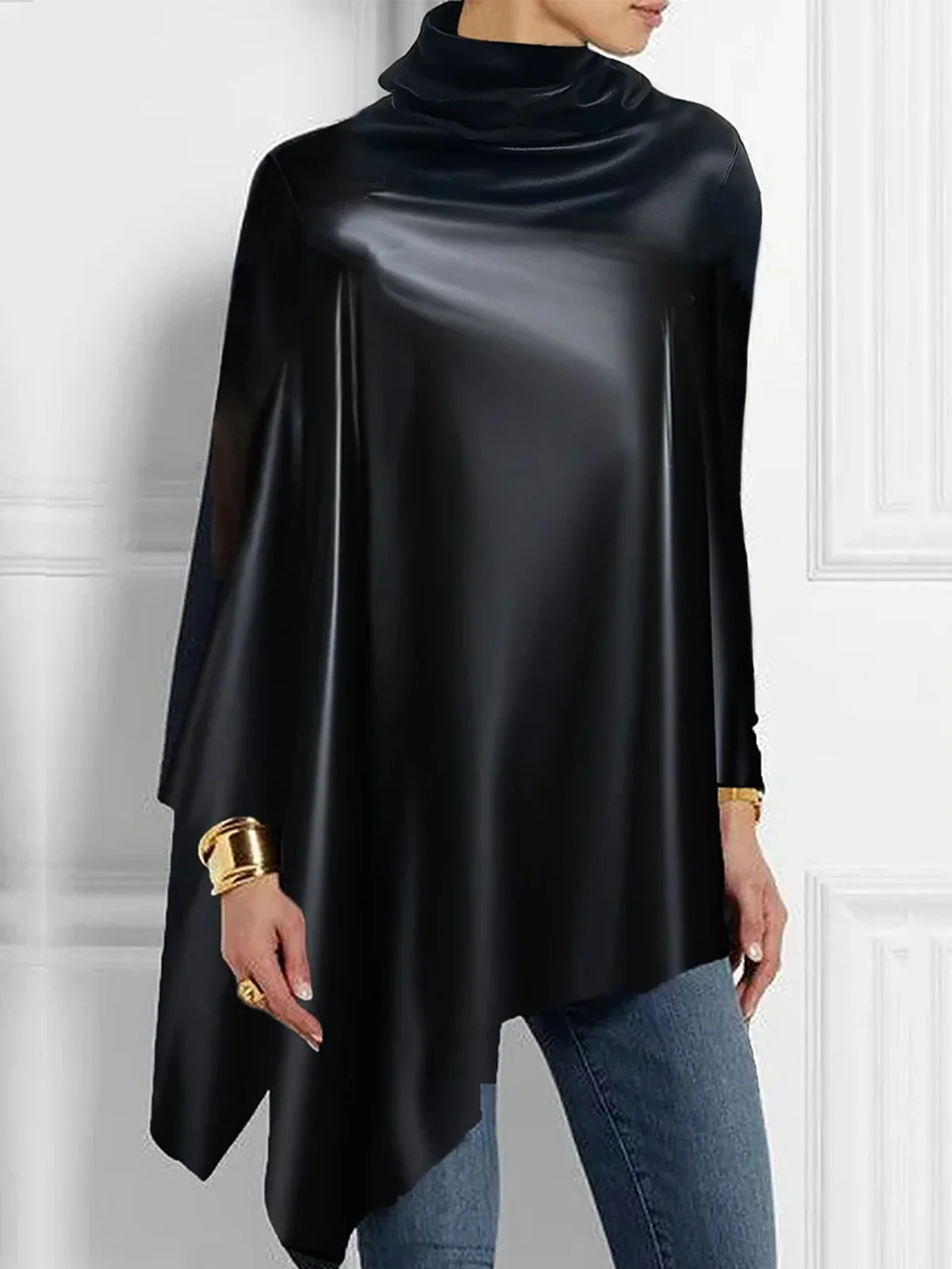 Long Sleeve Irregular Craftsmanship Urban Faux Leather Top