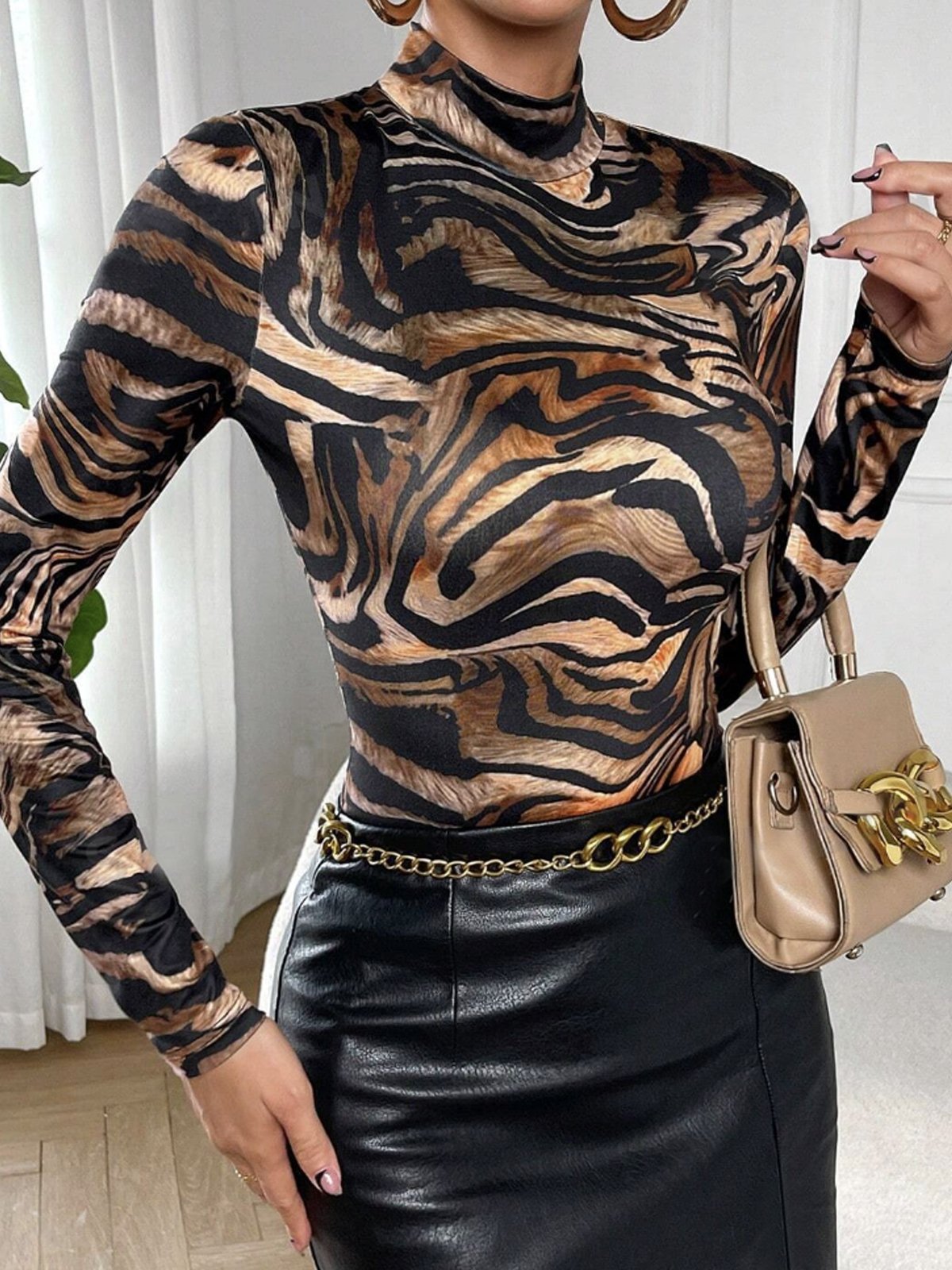 Urban Leopard Tight Mock Neck T-Shirt