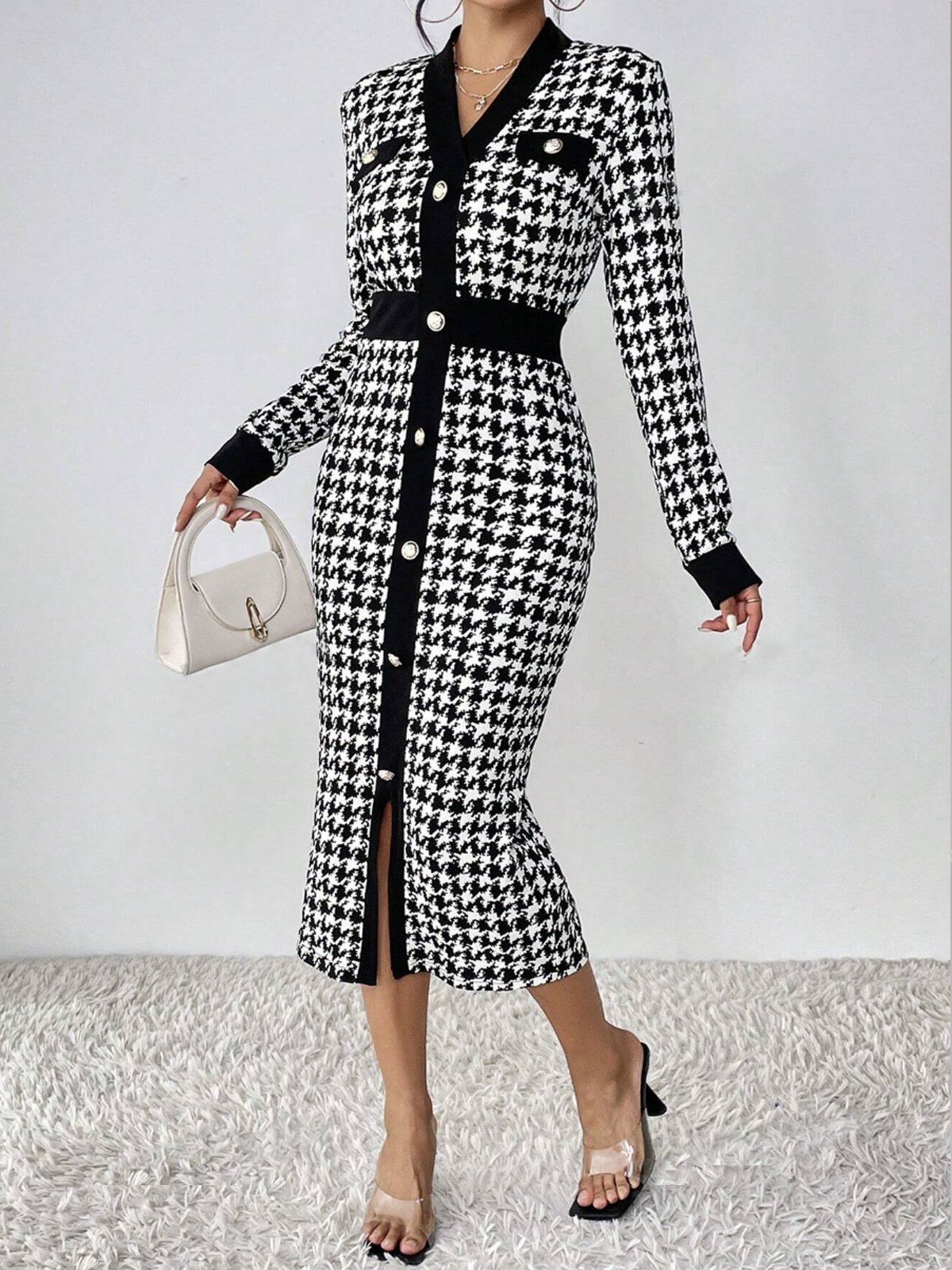 Elegant Houndstooth Buttoned Sweater Dress