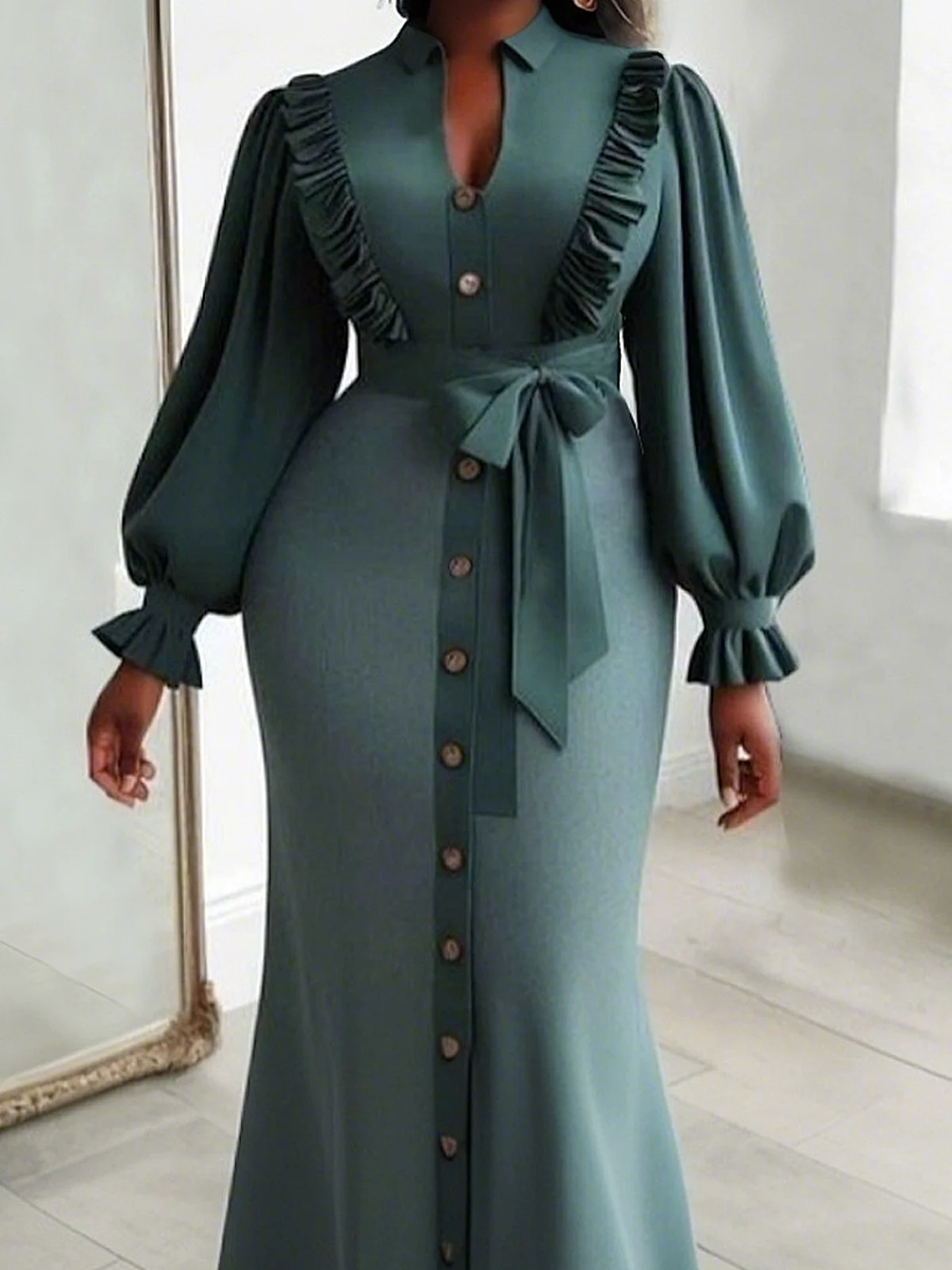 Shirt Collar Plain Elegant Shirt Maxi Dress With Belt