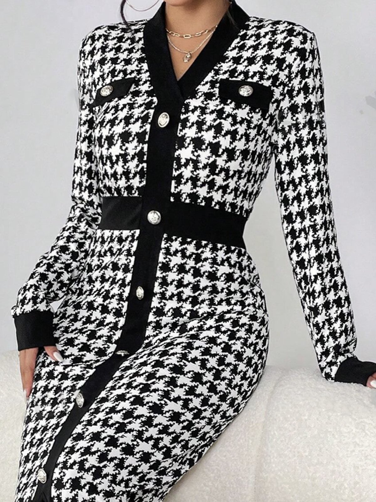 Elegant Houndstooth Buttoned Sweater Dress