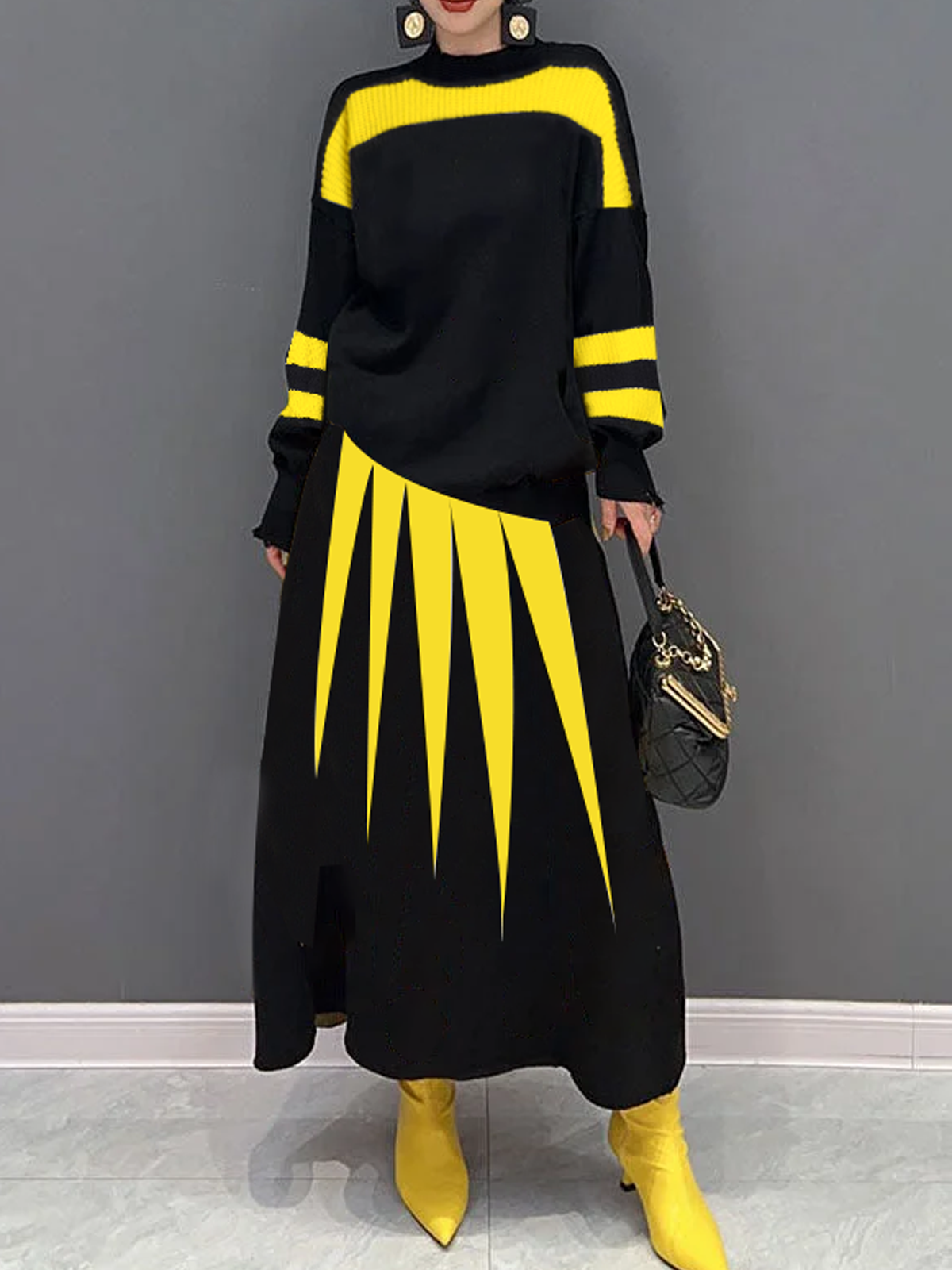 Loose Medium Elasticity Color Block Loose Casual Maxi Sweater Skirt