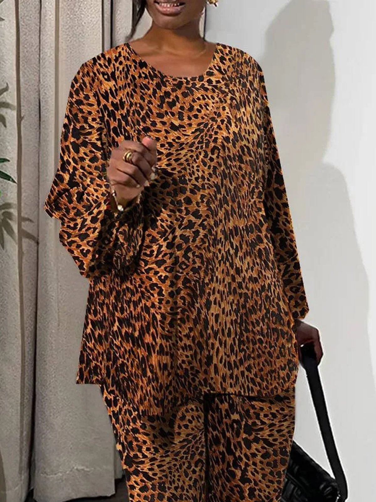 Casual Crew Neck Loosen Leopard Blouse