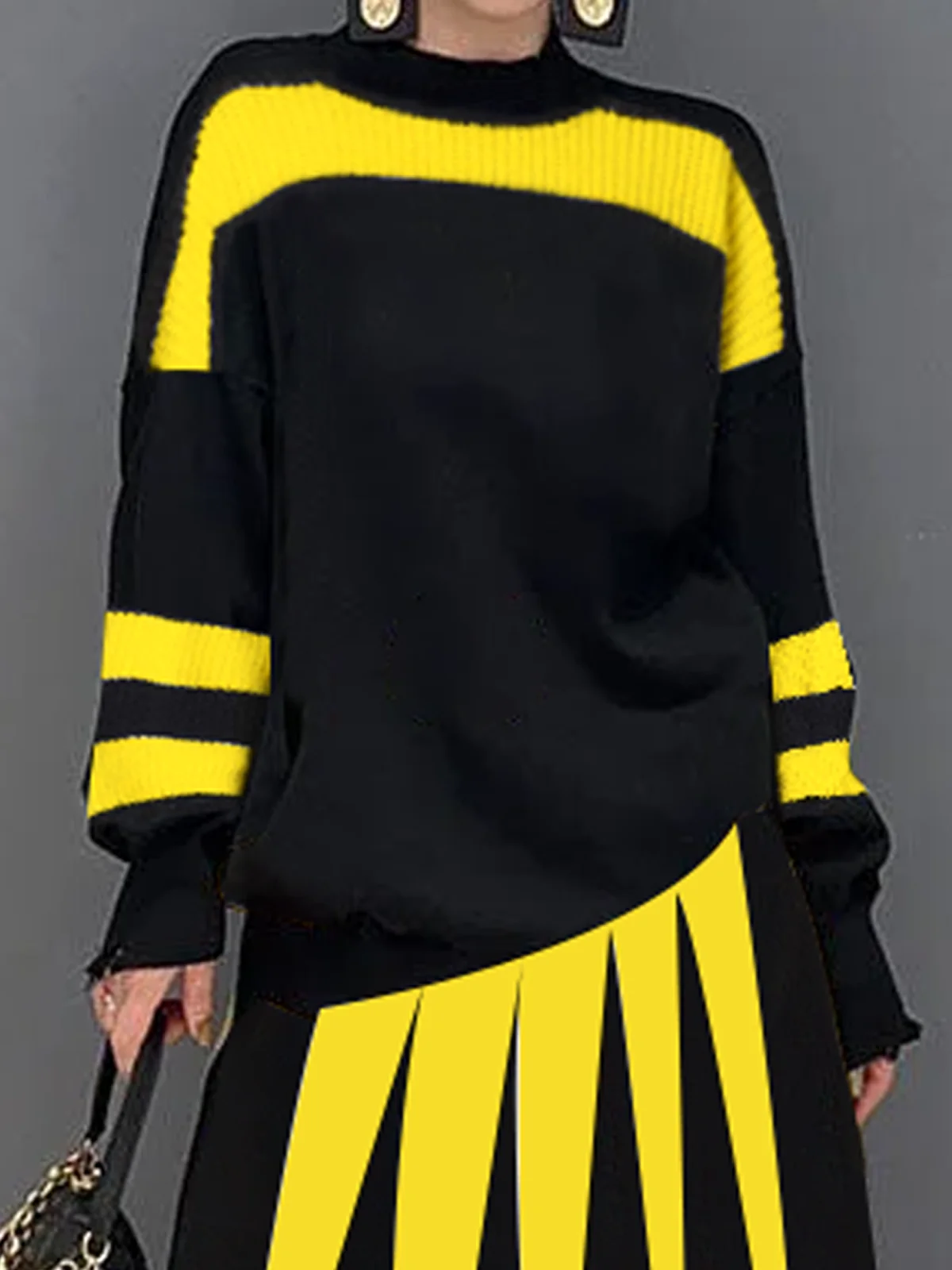 Casual Crew Neck Loose Color Block Sweater