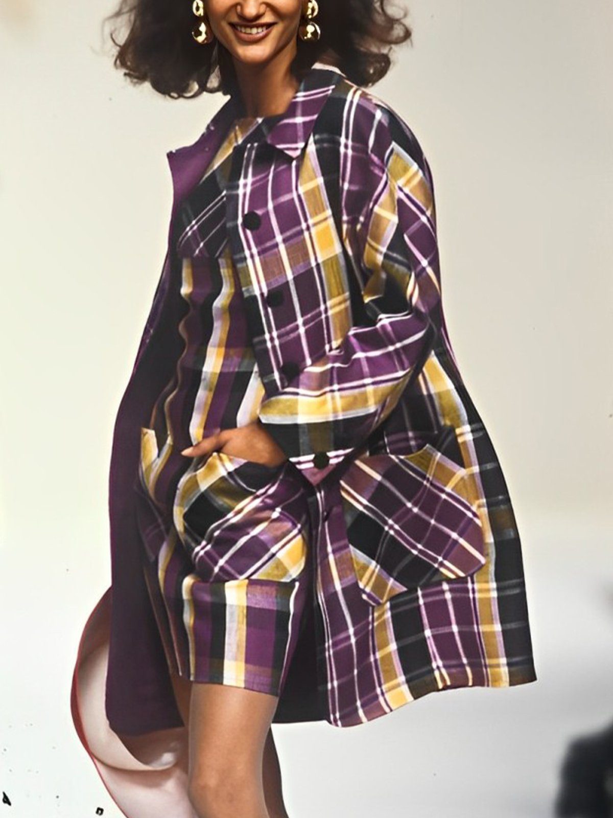 Shawl Collar Urban Plaid Loosen Trench Coat