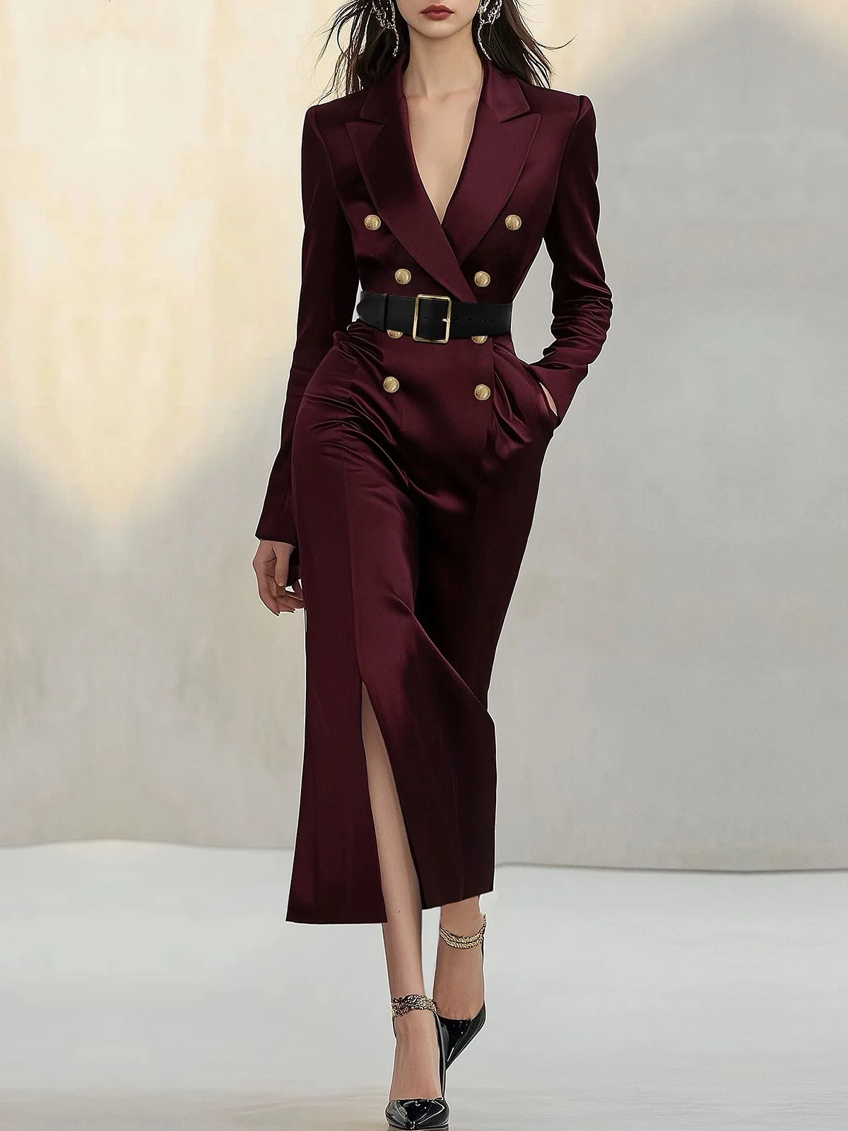 Plain Lapel Collar Elegant Buttoned Dress With No Belt