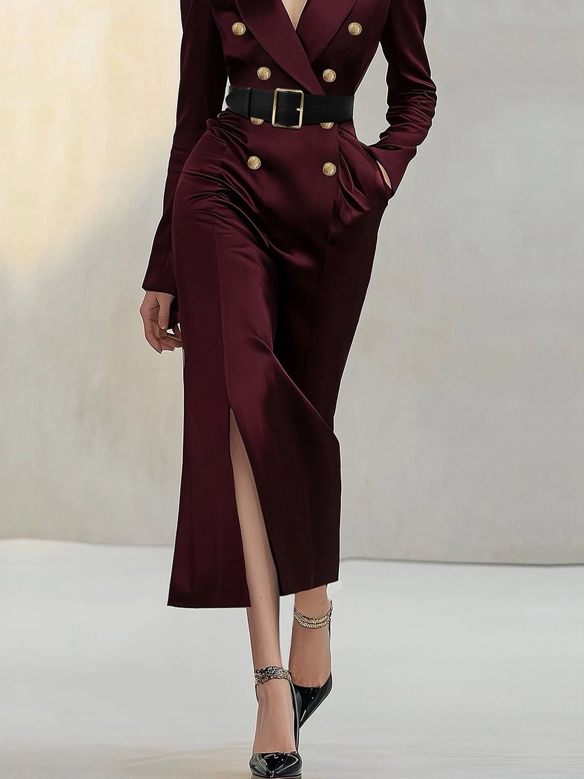 Plain Lapel Collar Elegant Buttoned Dress With No Belt