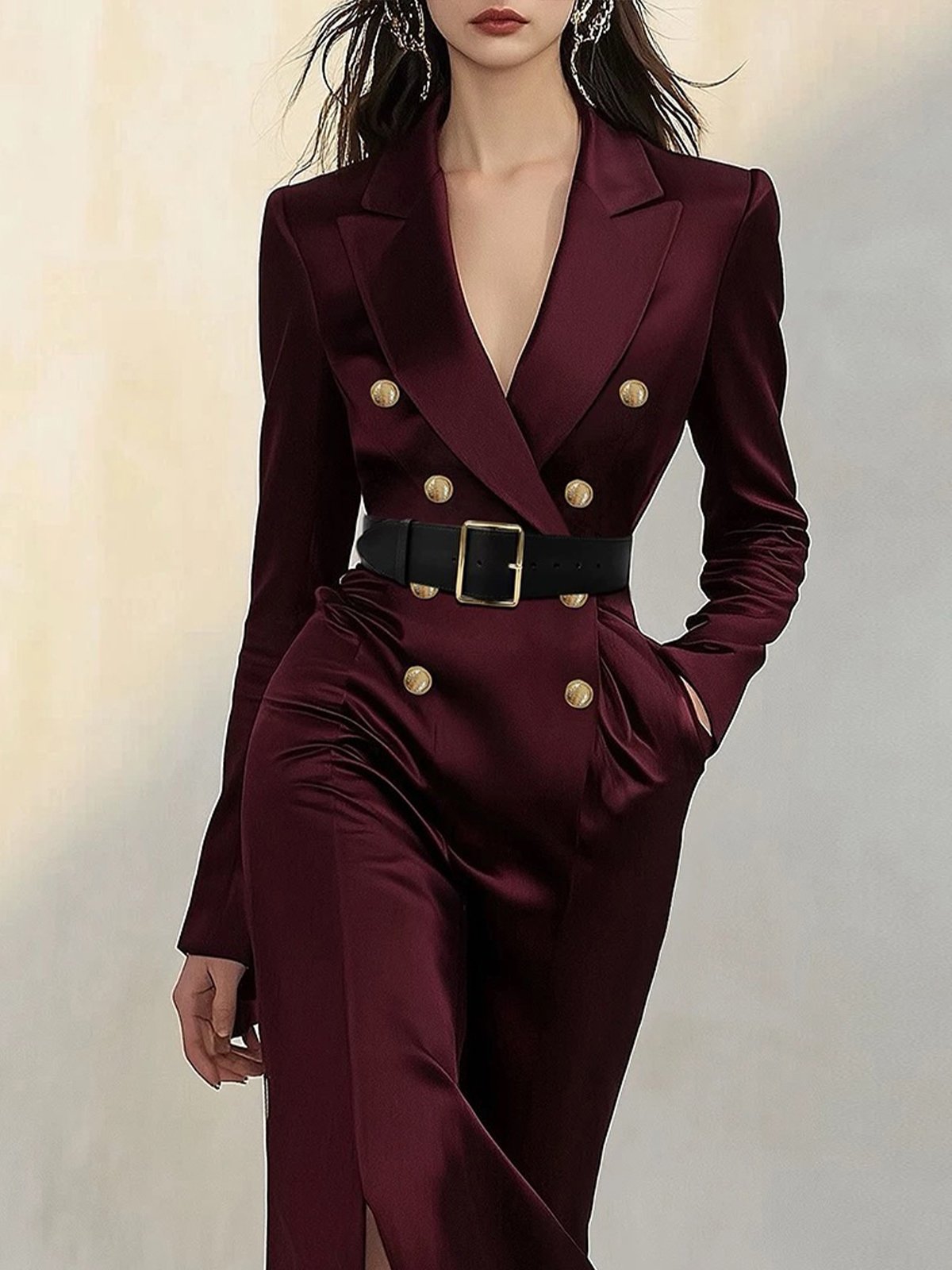 Plain Lapel Collar Elegant Buttoned Dress With No Belt