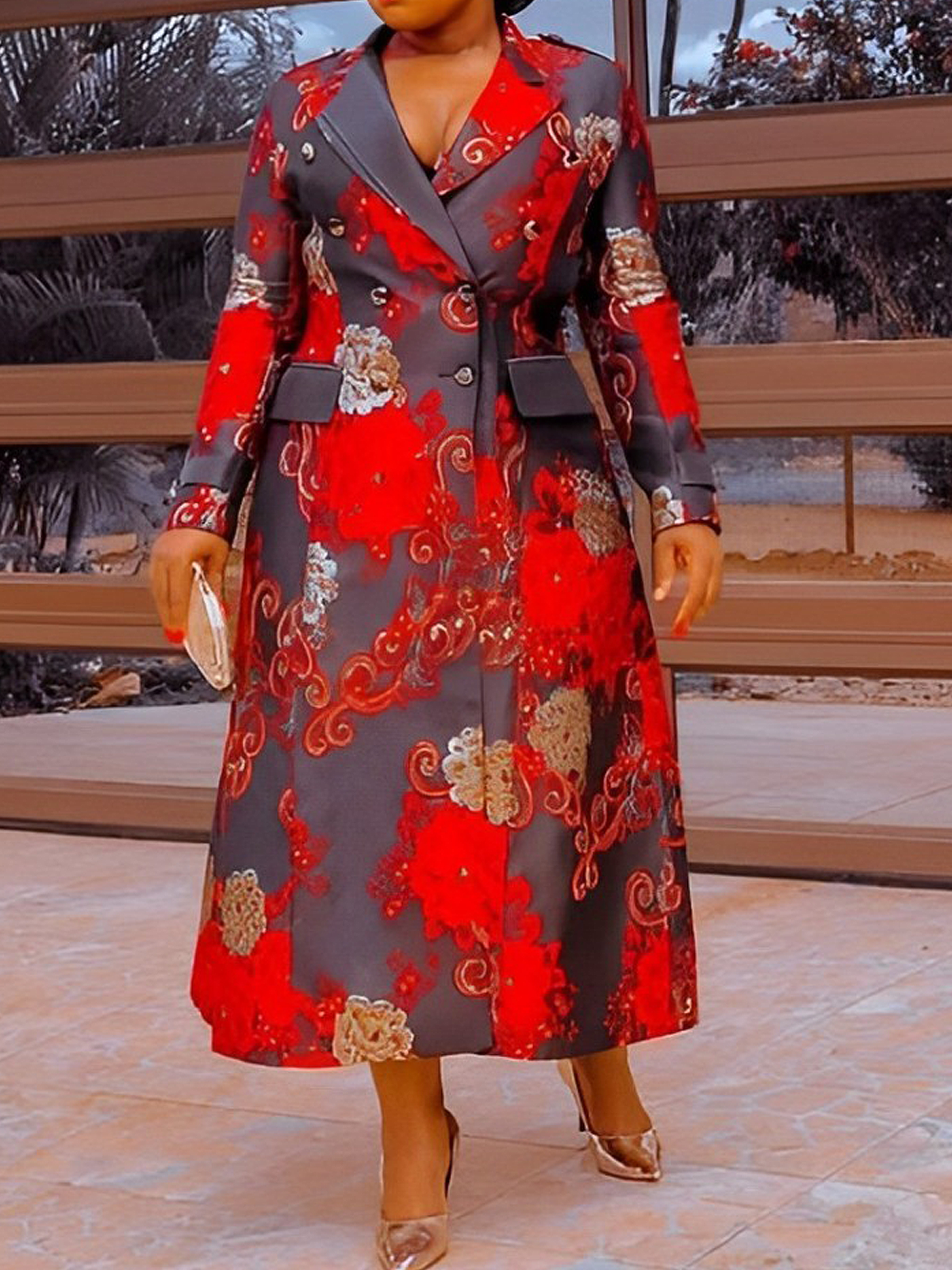 Lapel Collar Floral Elegant Trench Long Coat