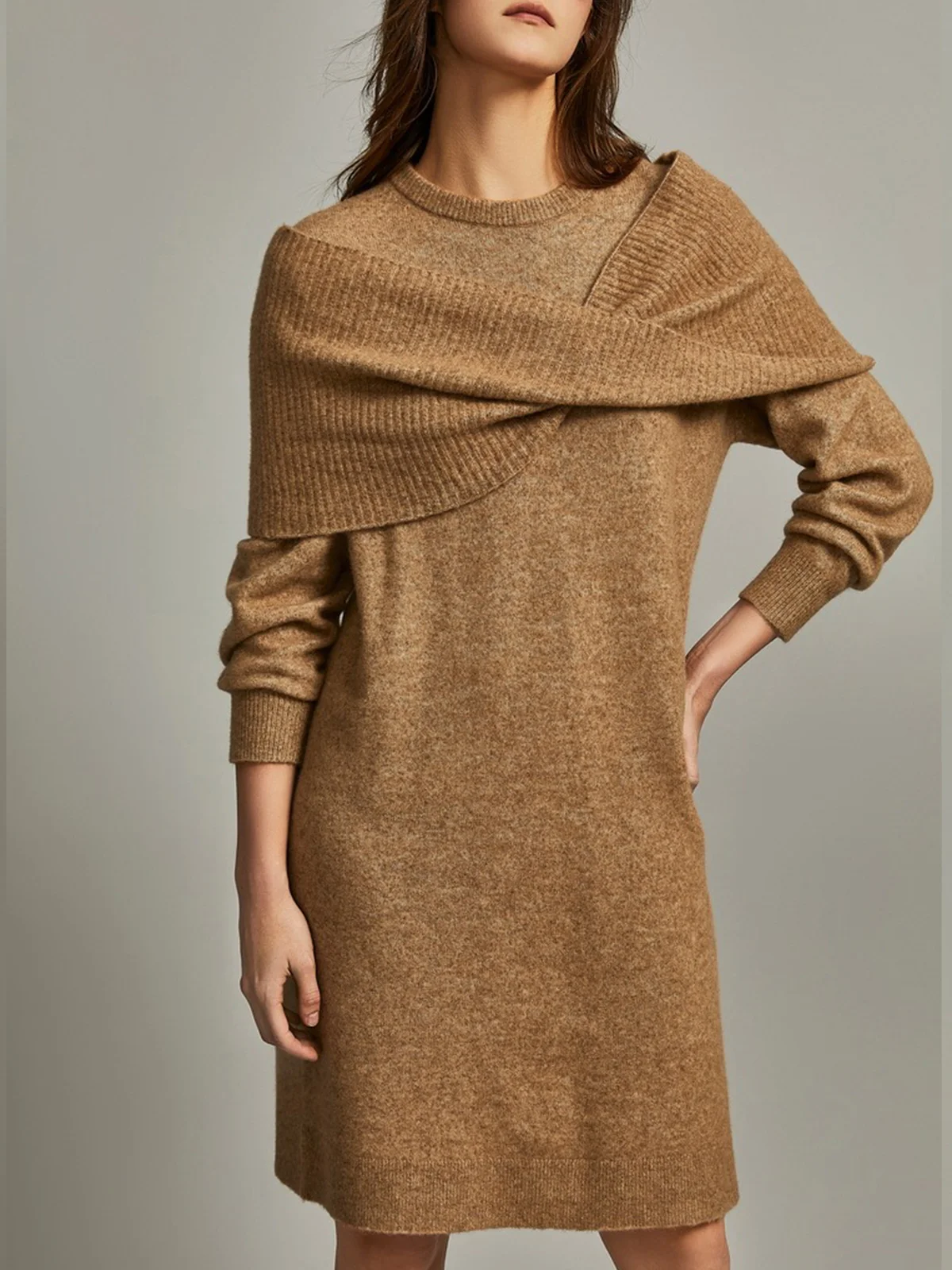 Casual Crew Neck Plain Sweater Dress With Scarf