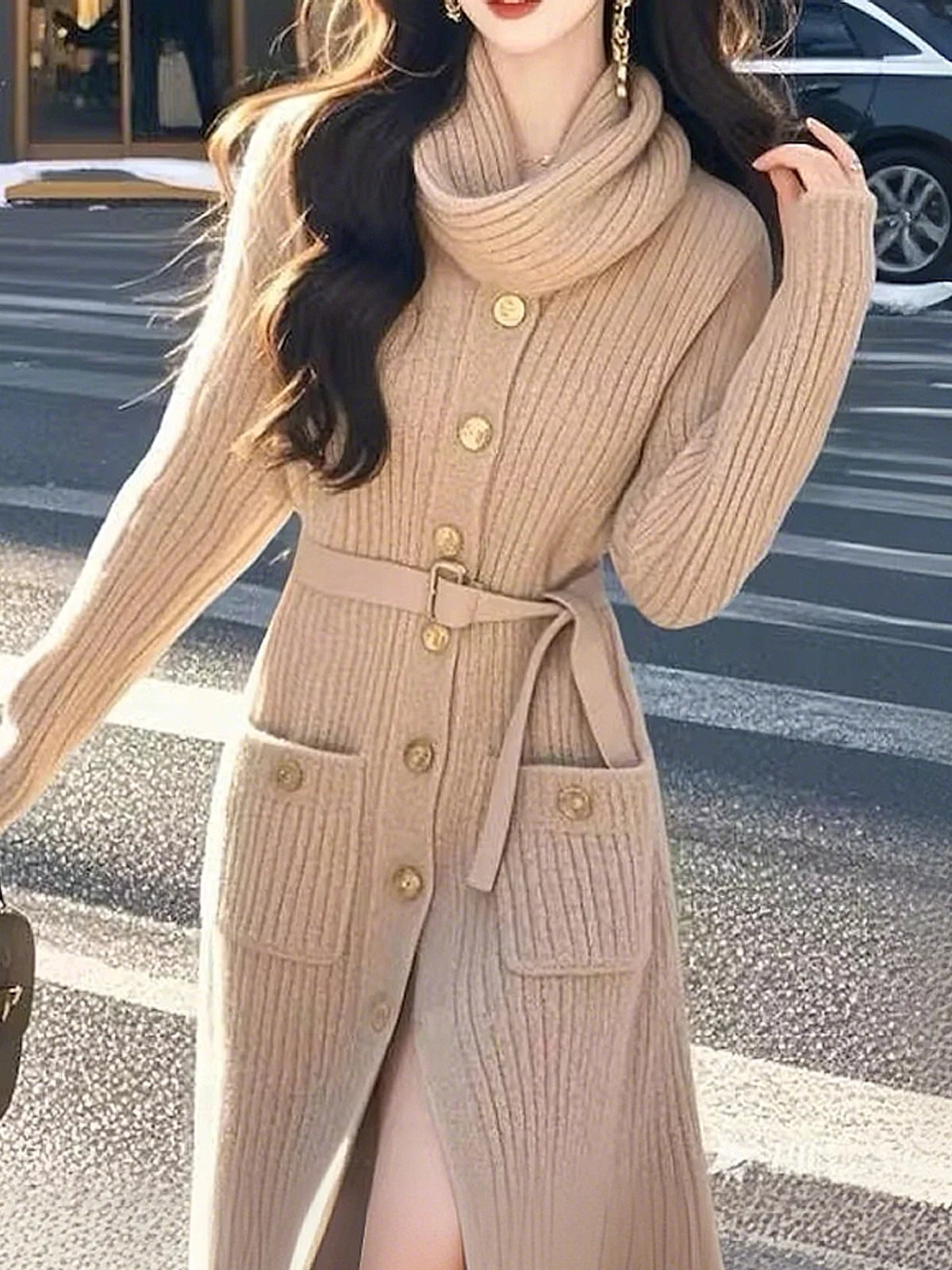 High Elasticity Elegant Loose Sweater Midi Dress With Belt