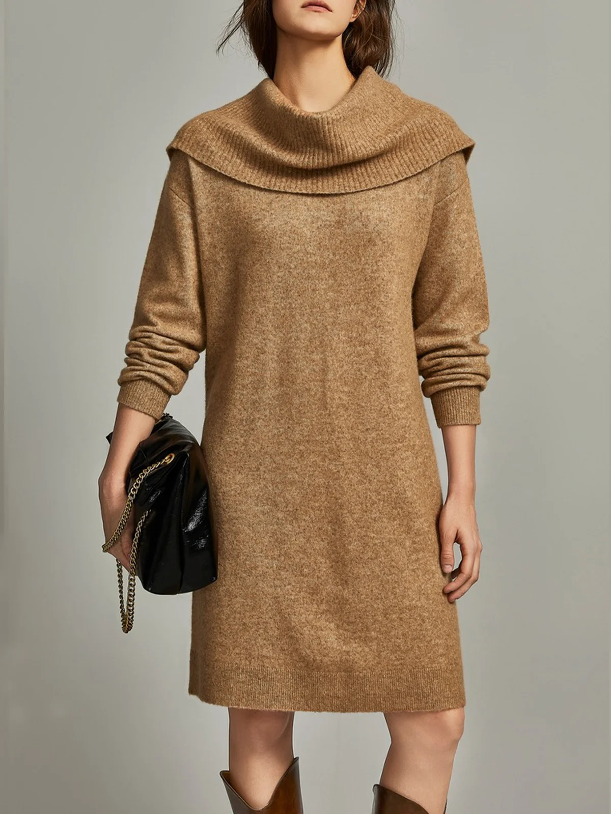 Casual Crew Neck Plain Sweater Dress With Scarf