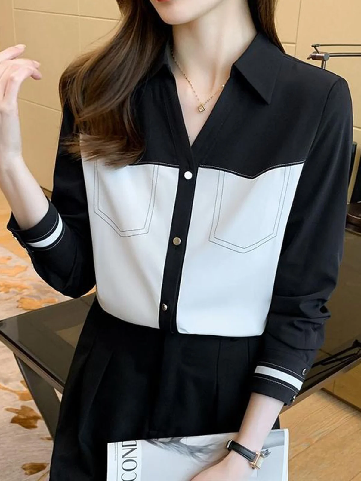 Loose Color Block Urban Shirt Collar Shirt