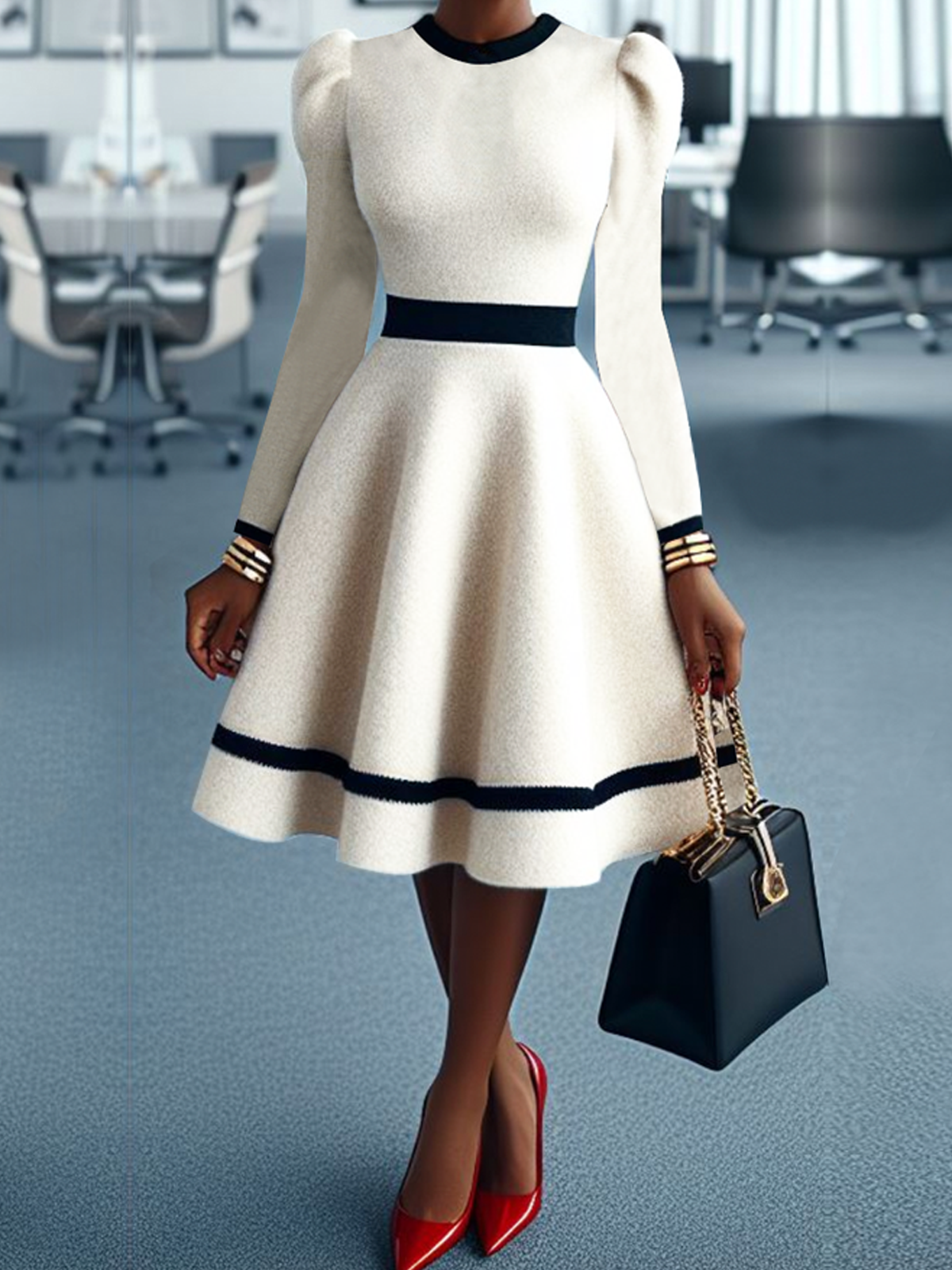 Regular Fit Crew Neck Long Sleeve Elegant Puff Sleeve Midi Sweater Dress