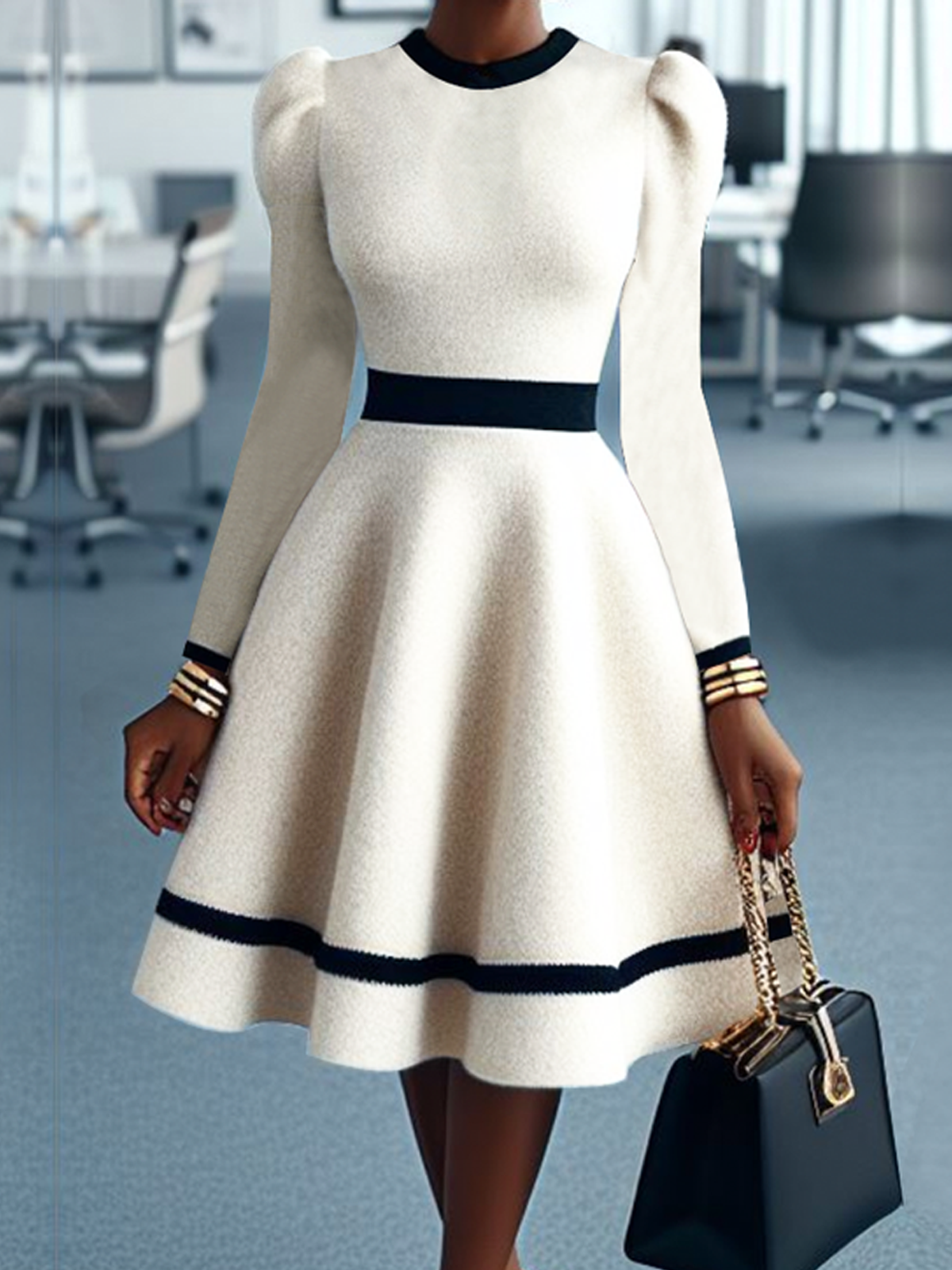 Regular Fit Crew Neck Long Sleeve Elegant Puff Sleeve Midi Sweater Dress