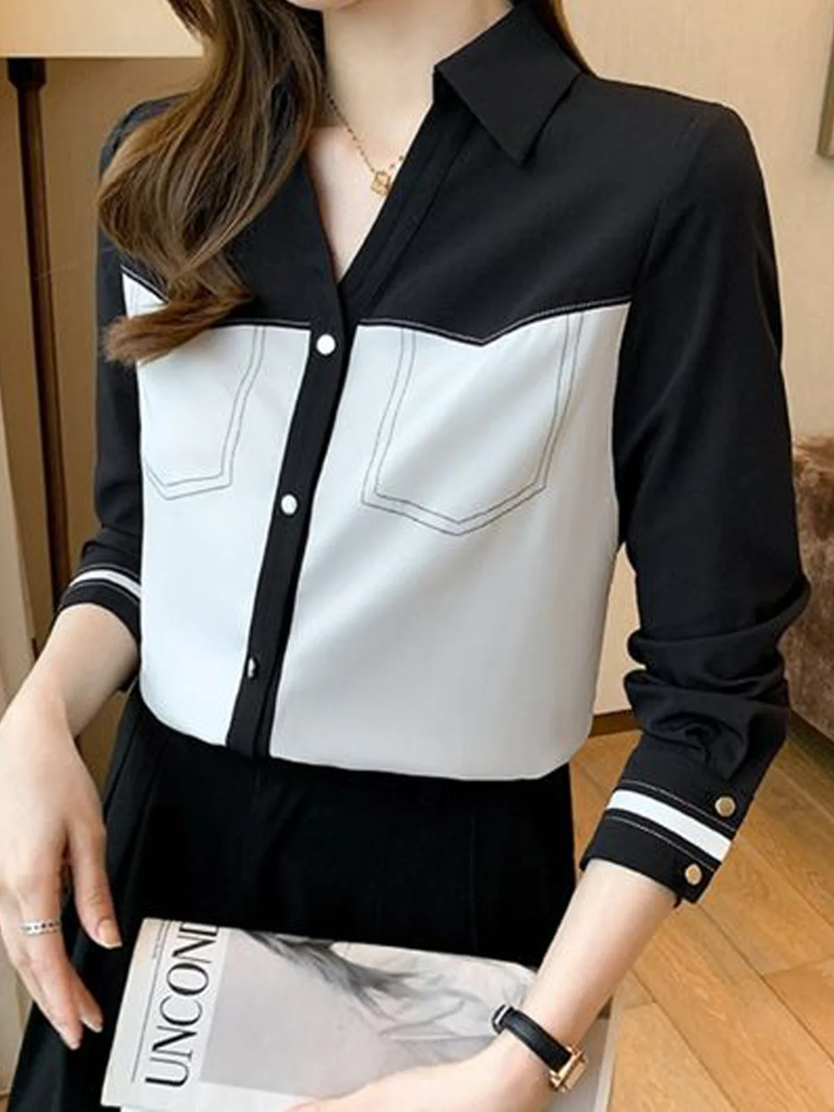 Loose Color Block Urban Shirt Collar Shirt