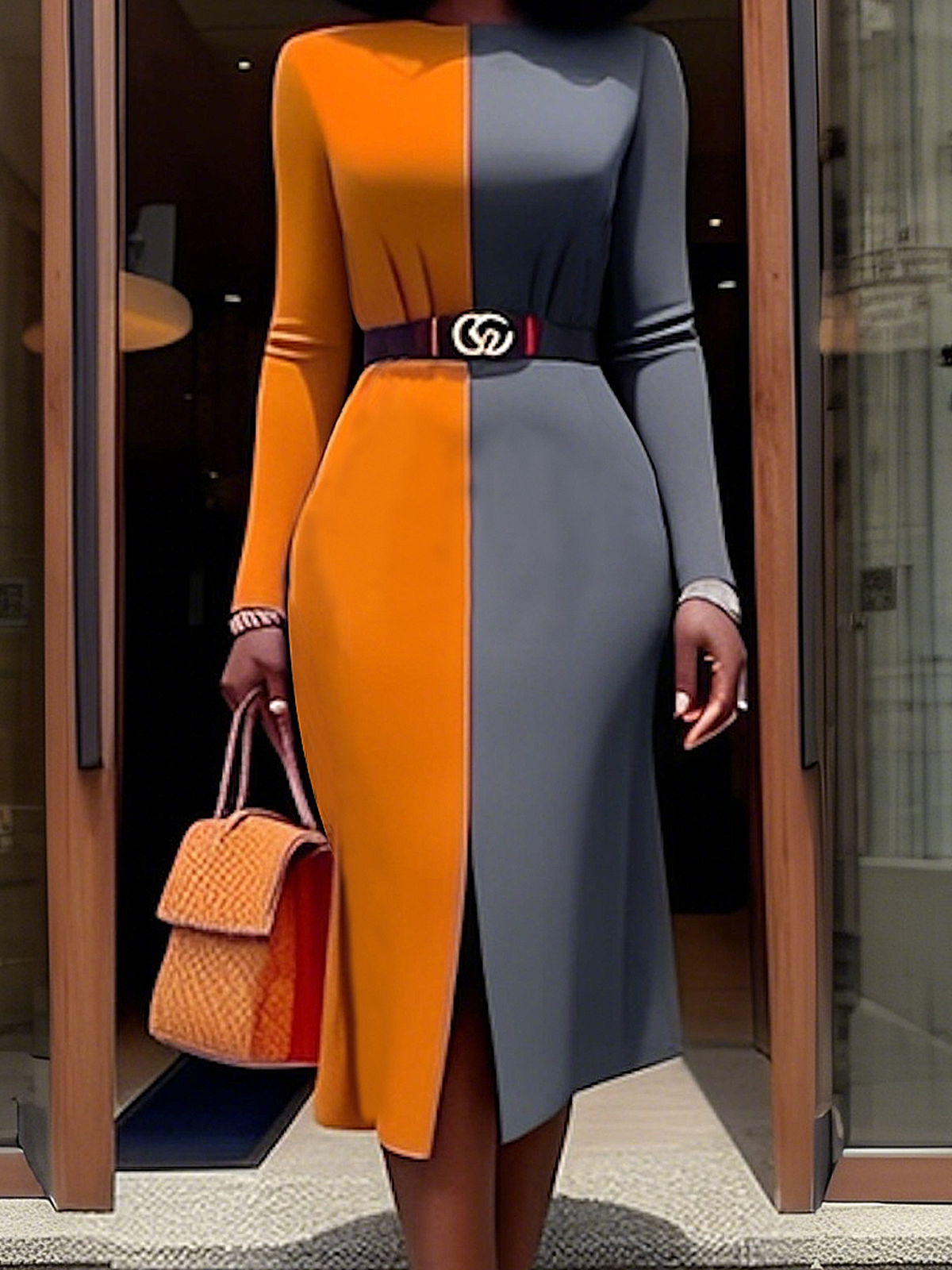 Color Block Crew Neck Elegant Dress With No Belt