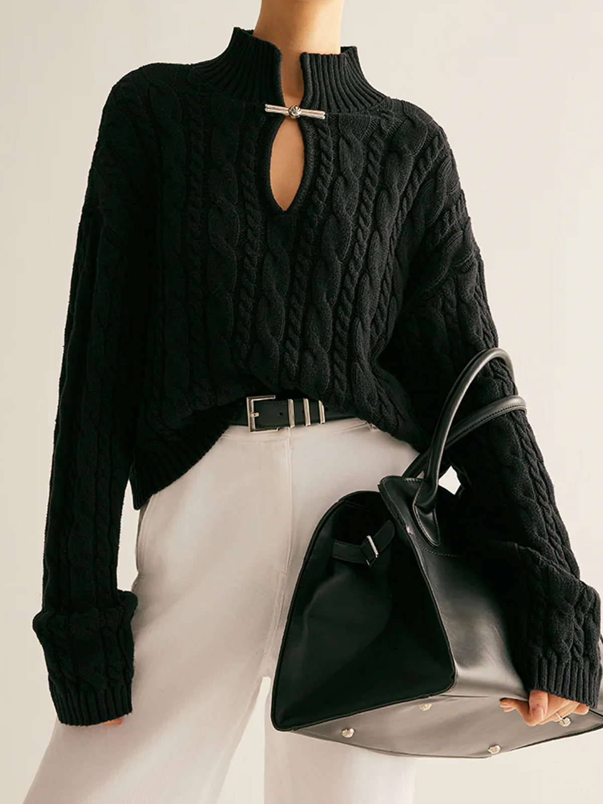 Micro-Elasticity Mock Neck Loosen Plain Casual Sweater