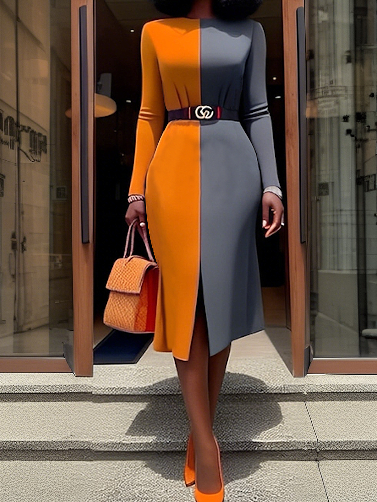 Color Block Crew Neck Elegant Dress With No Belt