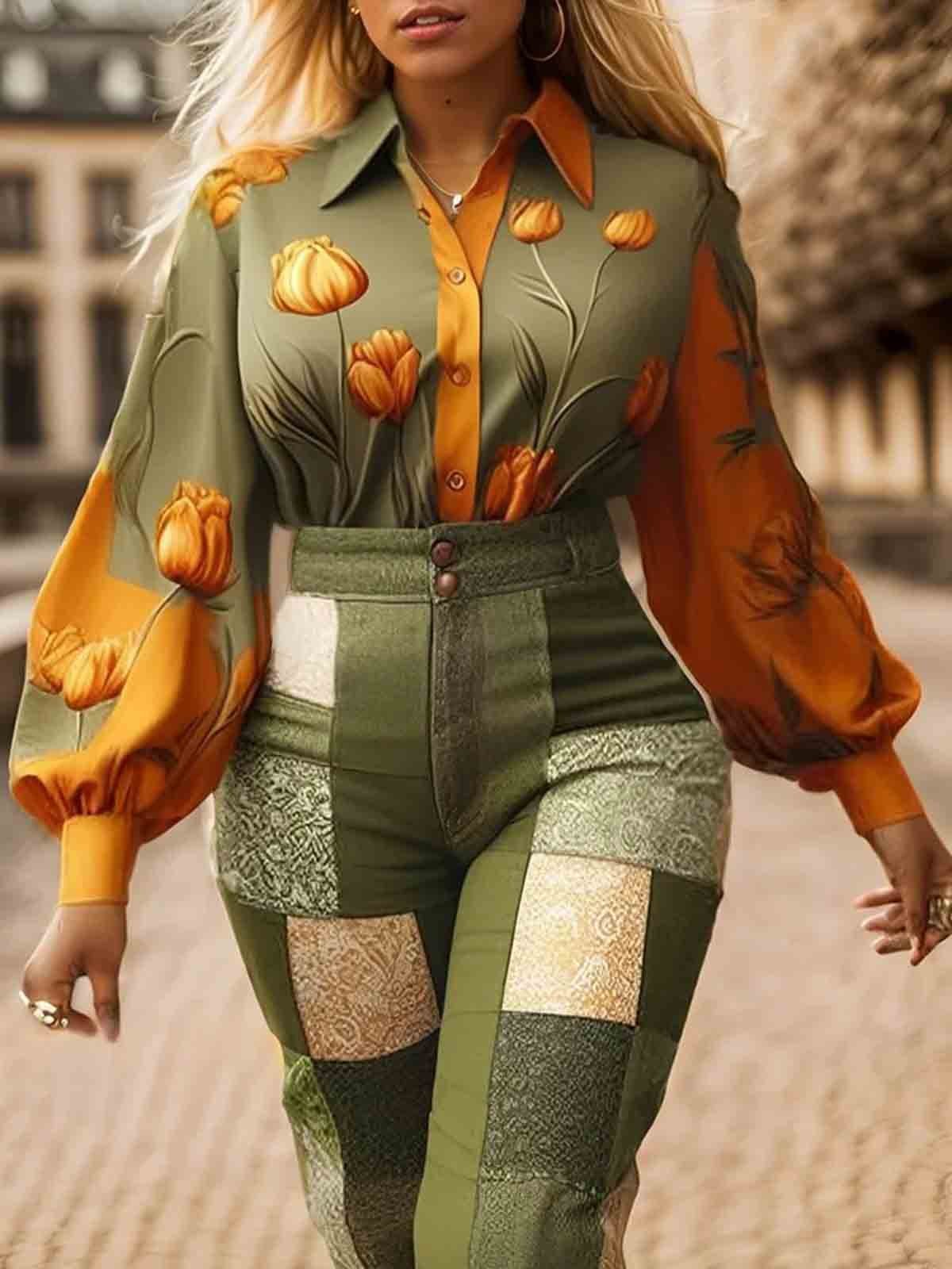 Floral Balloon Sleeve Elegant Loosen Long Sleeve Shirt