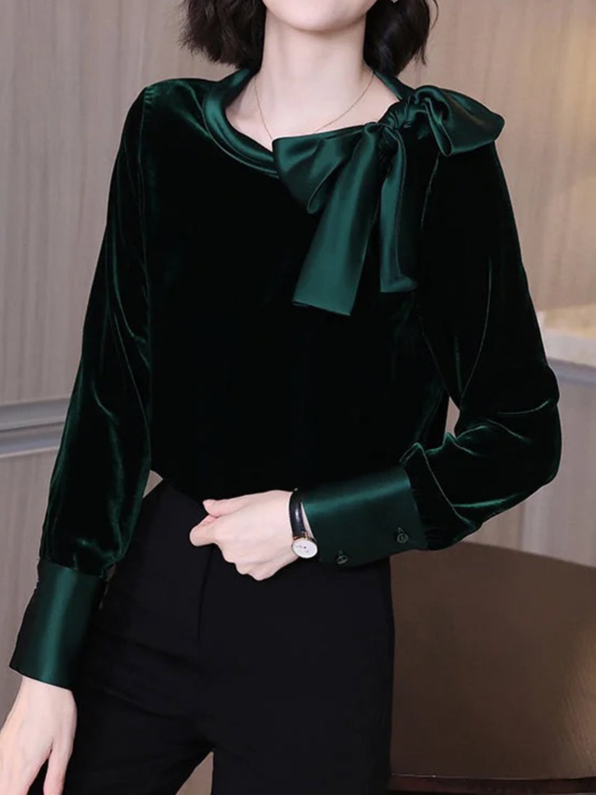 Crew Neck Loosen Plain Elegant Bow Blouse