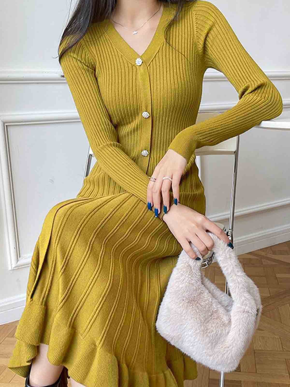 Elegant Plain V Neck Buttoned Sweater Dress