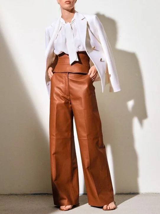 Urban Plain Faux Leather Pants With Belt