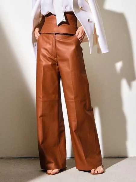 Urban Plain Faux Leather Pants With Belt