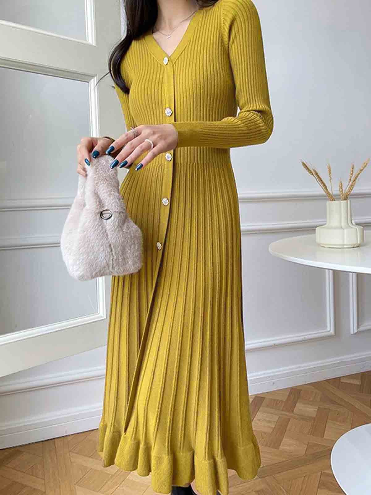 Elegant Plain V Neck Buttoned Sweater Dress