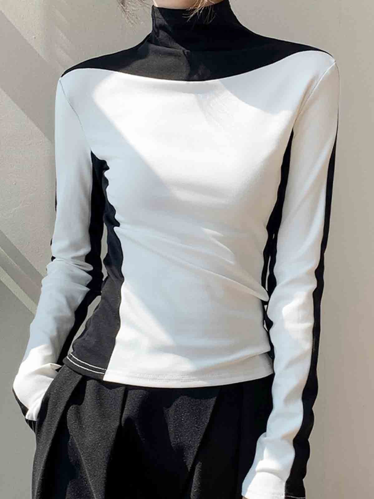 Color Block Casual Turtleneck T-Shirt