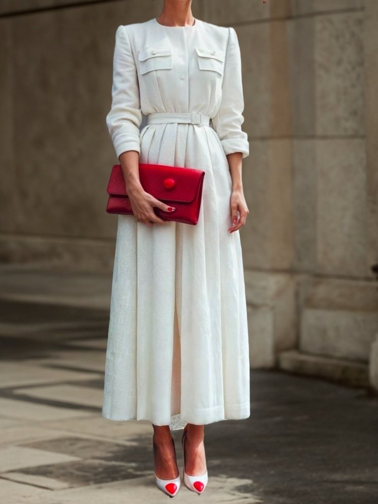 Plain Elegant Pockets Dress With Belt