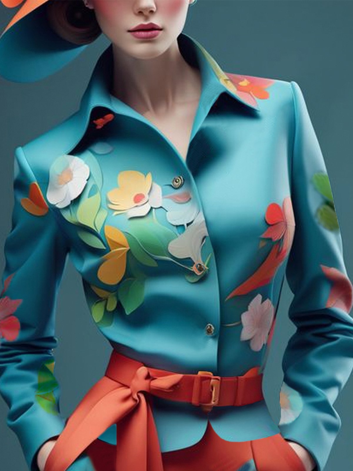 Floral Printing Elegant Shirt With No Belt