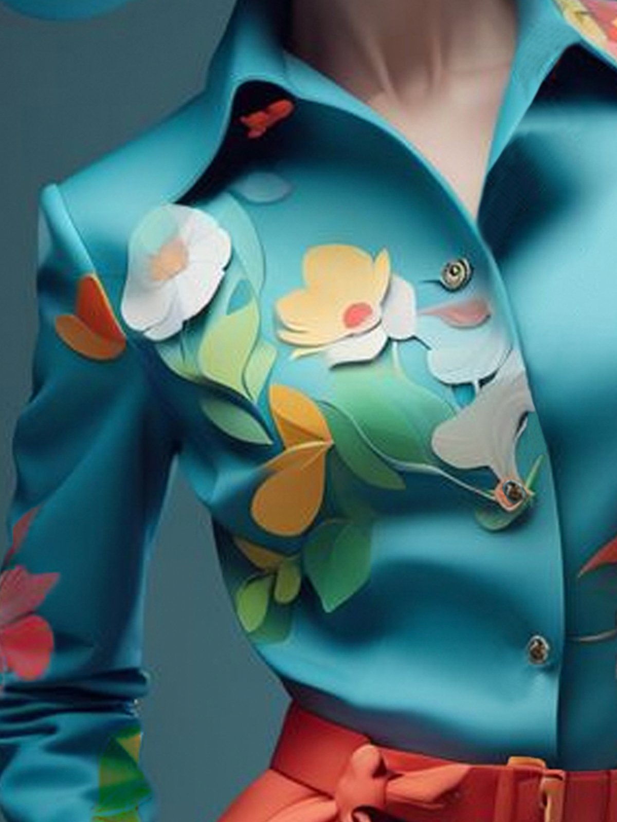 Floral Printing Elegant Shirt With No Belt