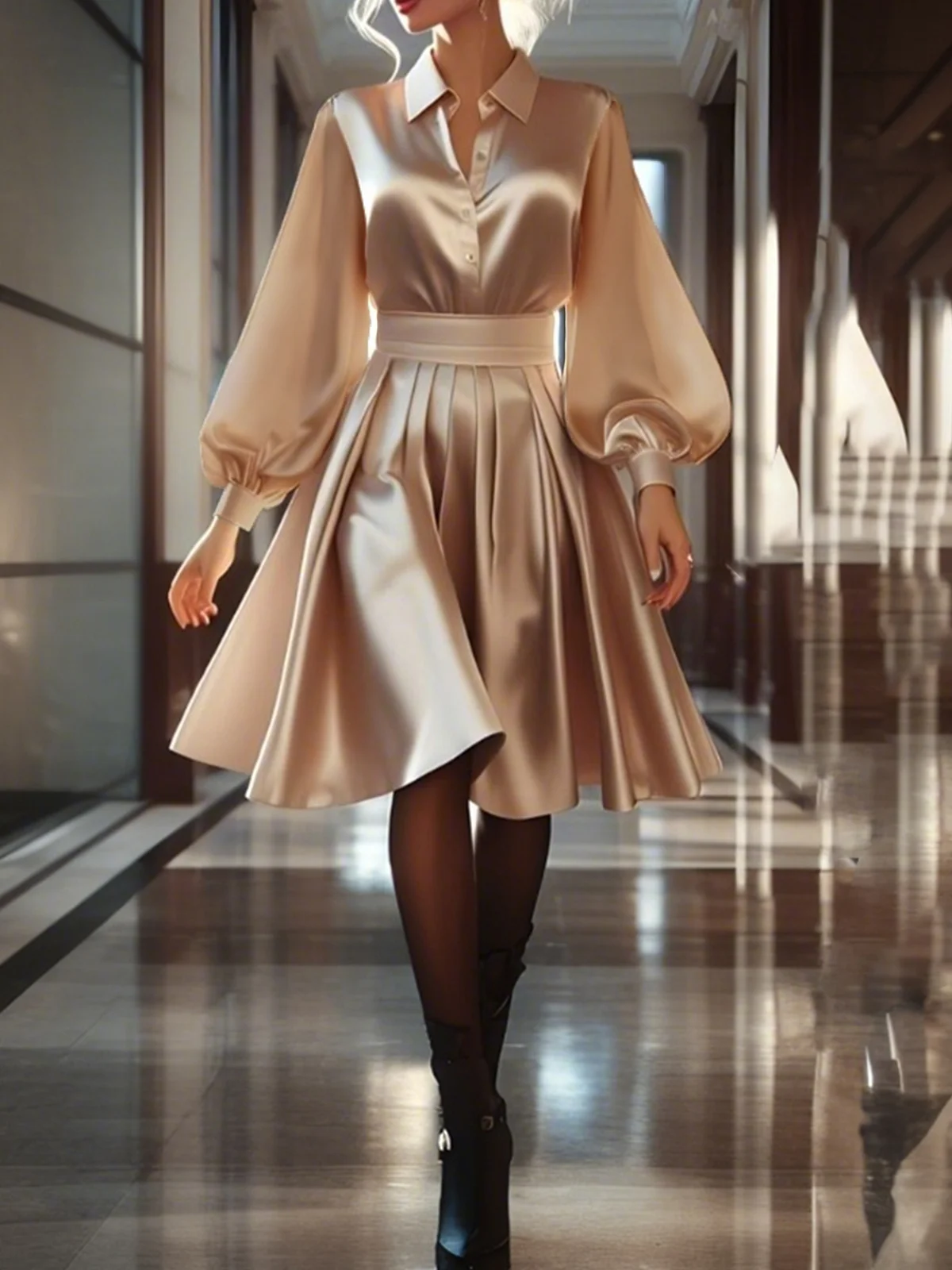 Elegant Shirt Collar Plain Balloon Sleeve Party Dress