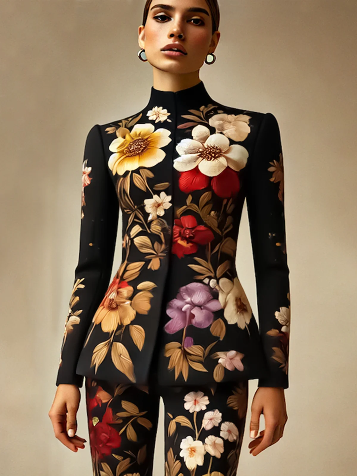 Elegant Stand Collar Floral Printing Jacket