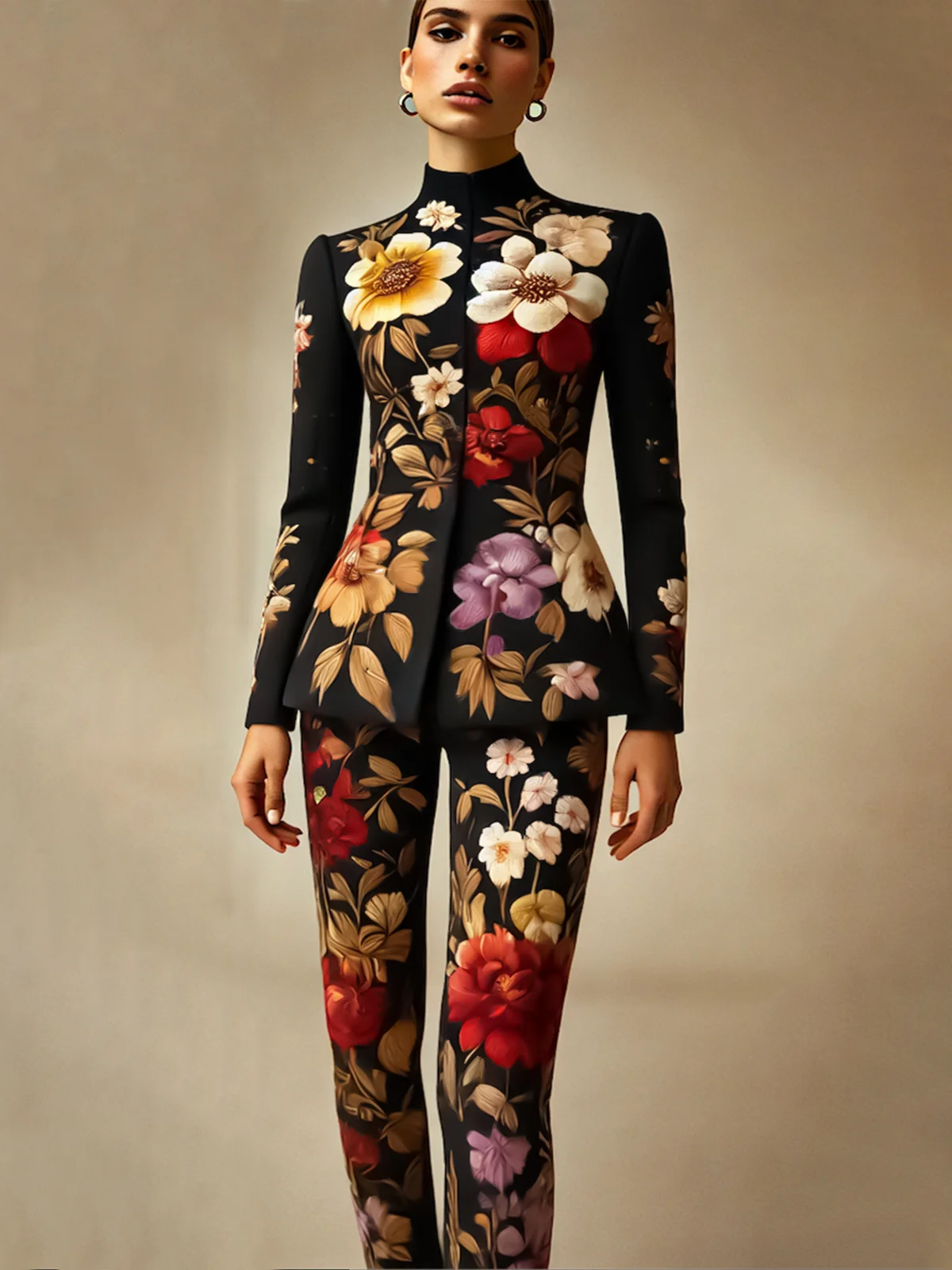 Elegant Stand Collar Floral Printing Jacket