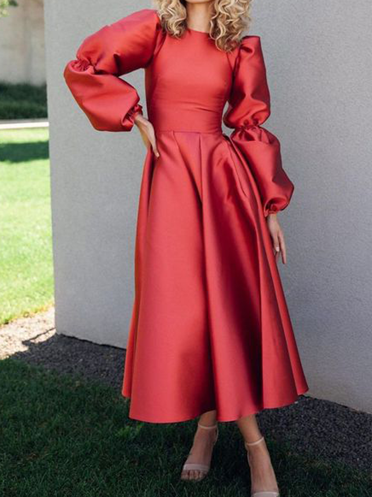 Elegant Puff Sleeve Plain Party Dress