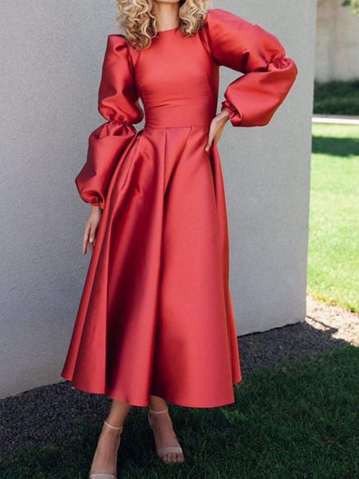 Elegant Puff Sleeve Plain Party Dress