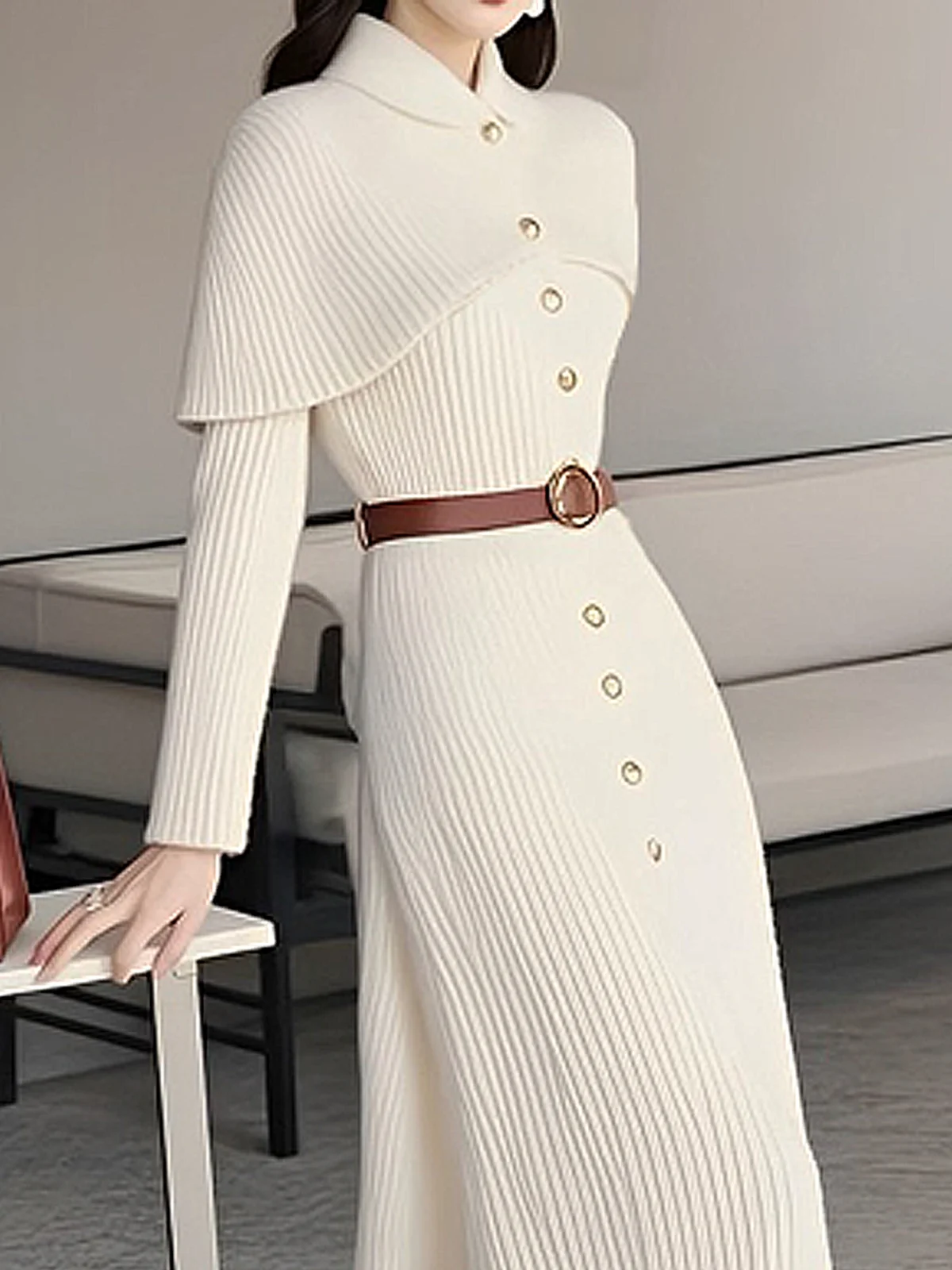 High Elasticity Stand Collar Elegant Sweater Dress With No Belt