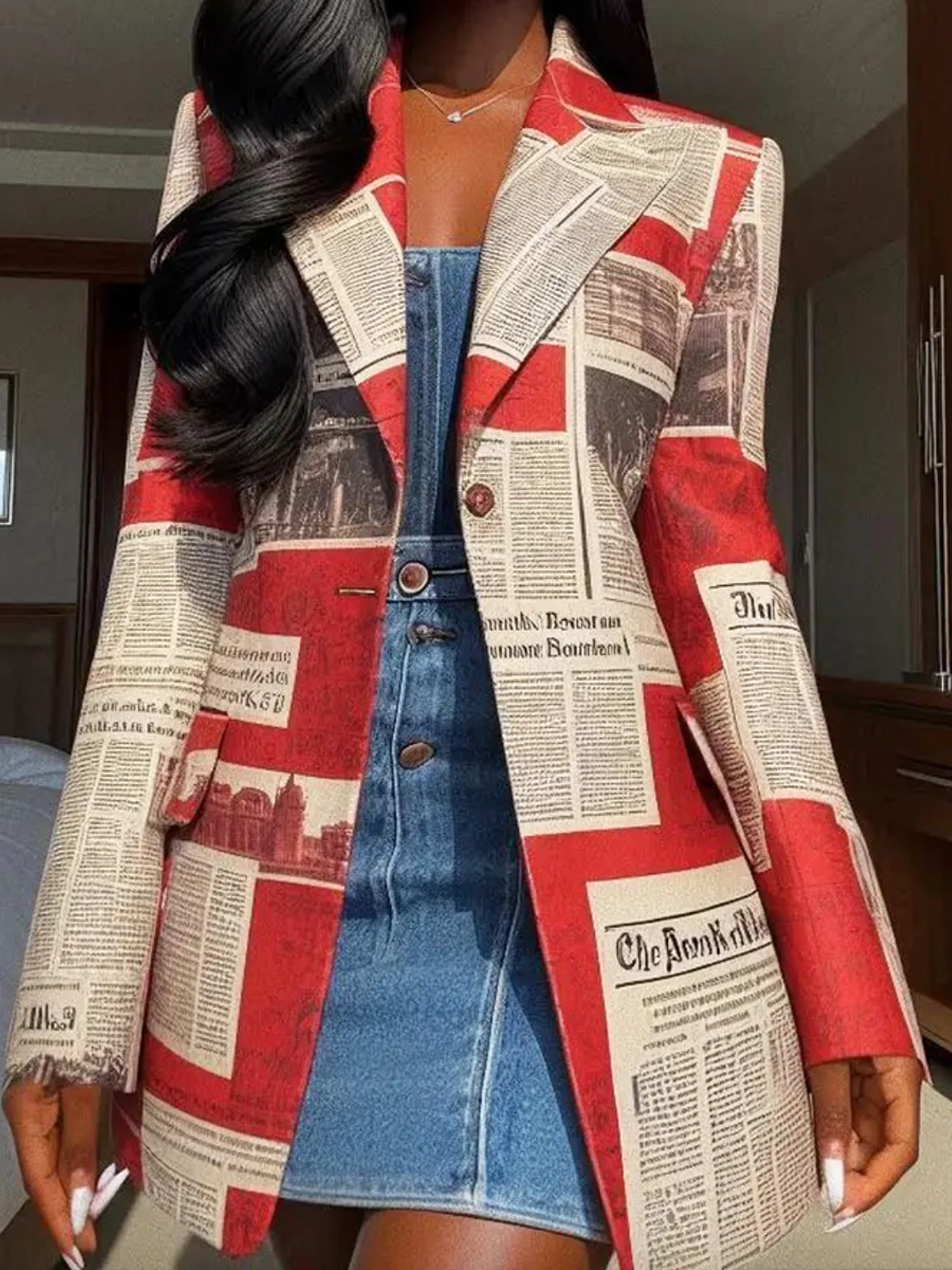 Plus Size  Micro-Elasticity Regular Mid-long Newspaper Blazer