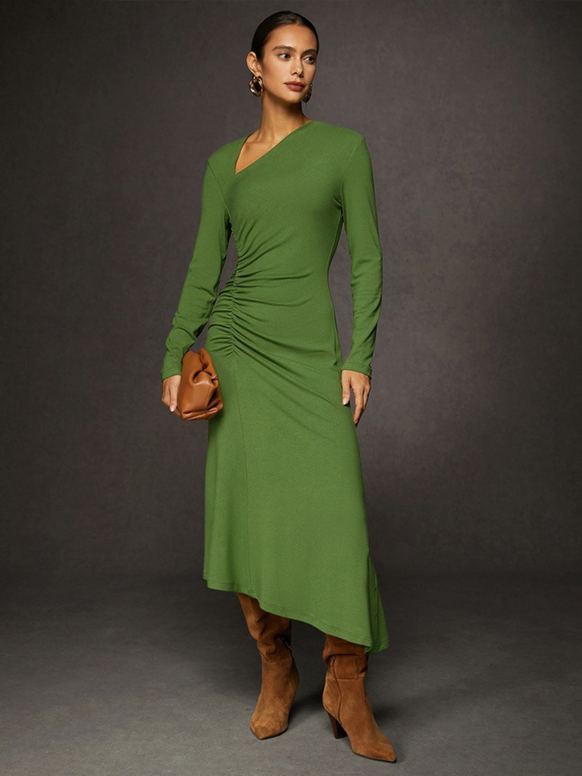 Plus Size Urban Ruched Plain Regular Fit Long Sleeve Dress