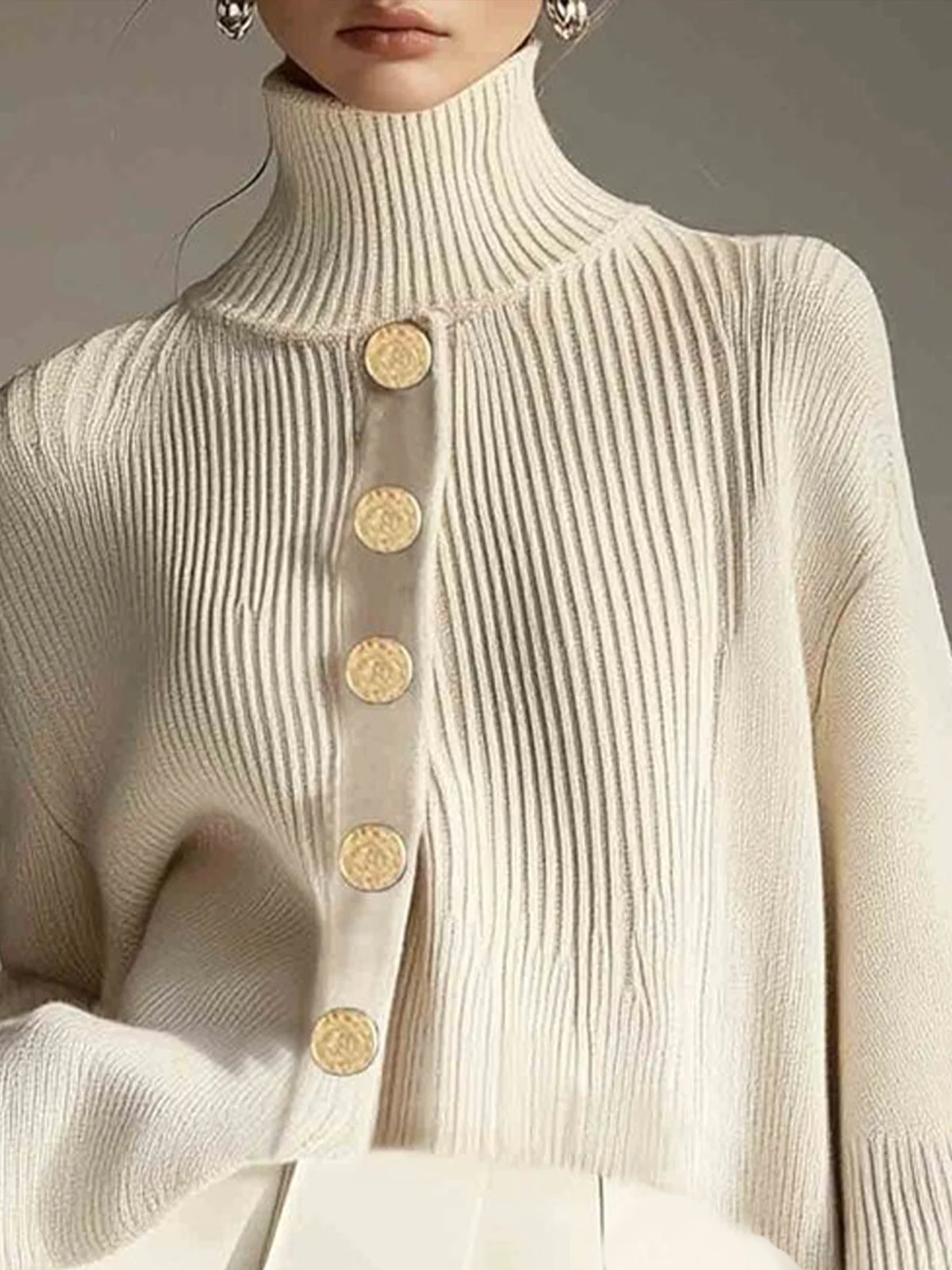 Plain Casual Buttoned Raglan Sleeve Sweater