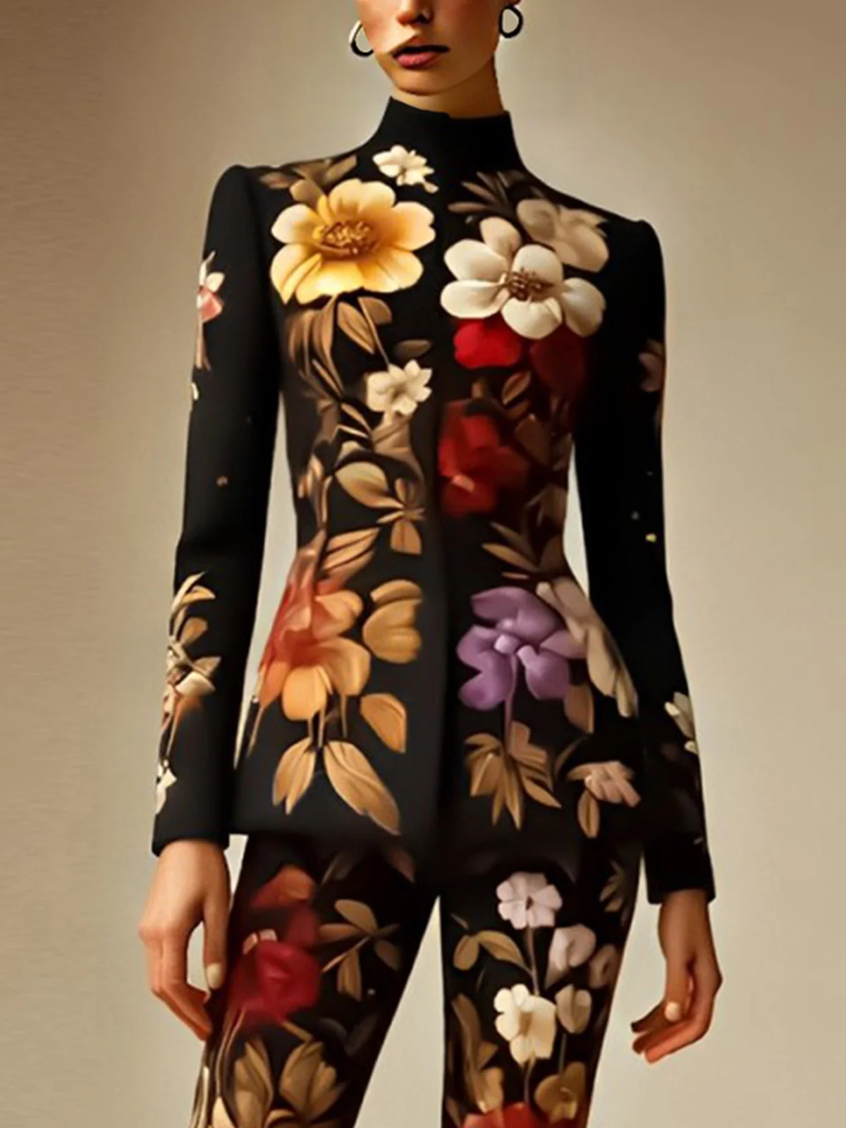 Elegant Stand Collar Floral Printing Jacket