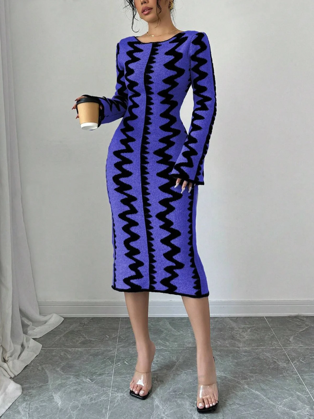 Chevron Elegant Crew Neck Sweater Midi Dress