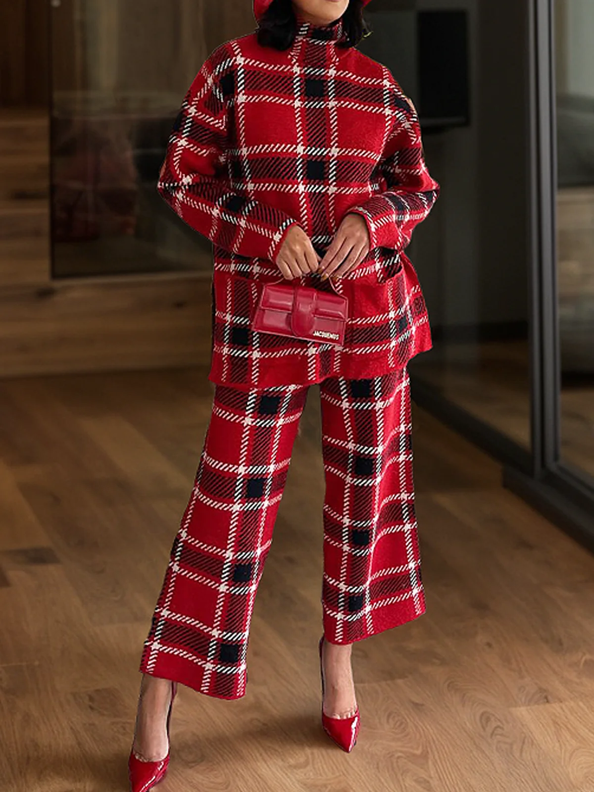 Medium Elasticity Plaid Casual Pants Sweater Ankle Pants