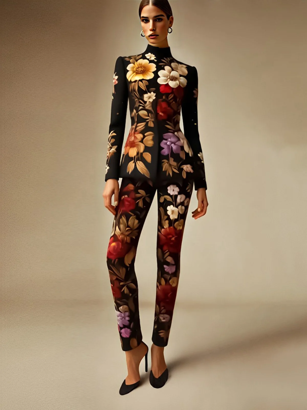 Elegant Stand Collar Floral Printing Jacket