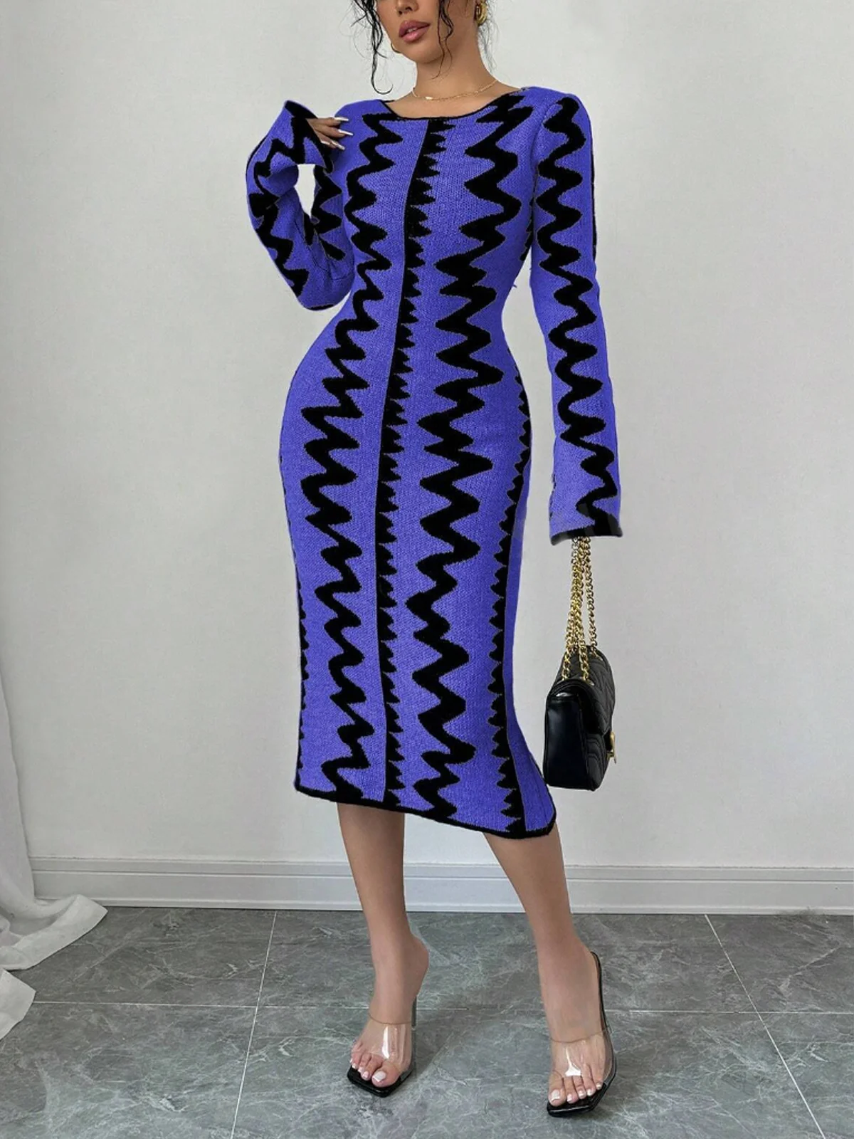 Chevron Elegant Crew Neck Sweater Midi Dress