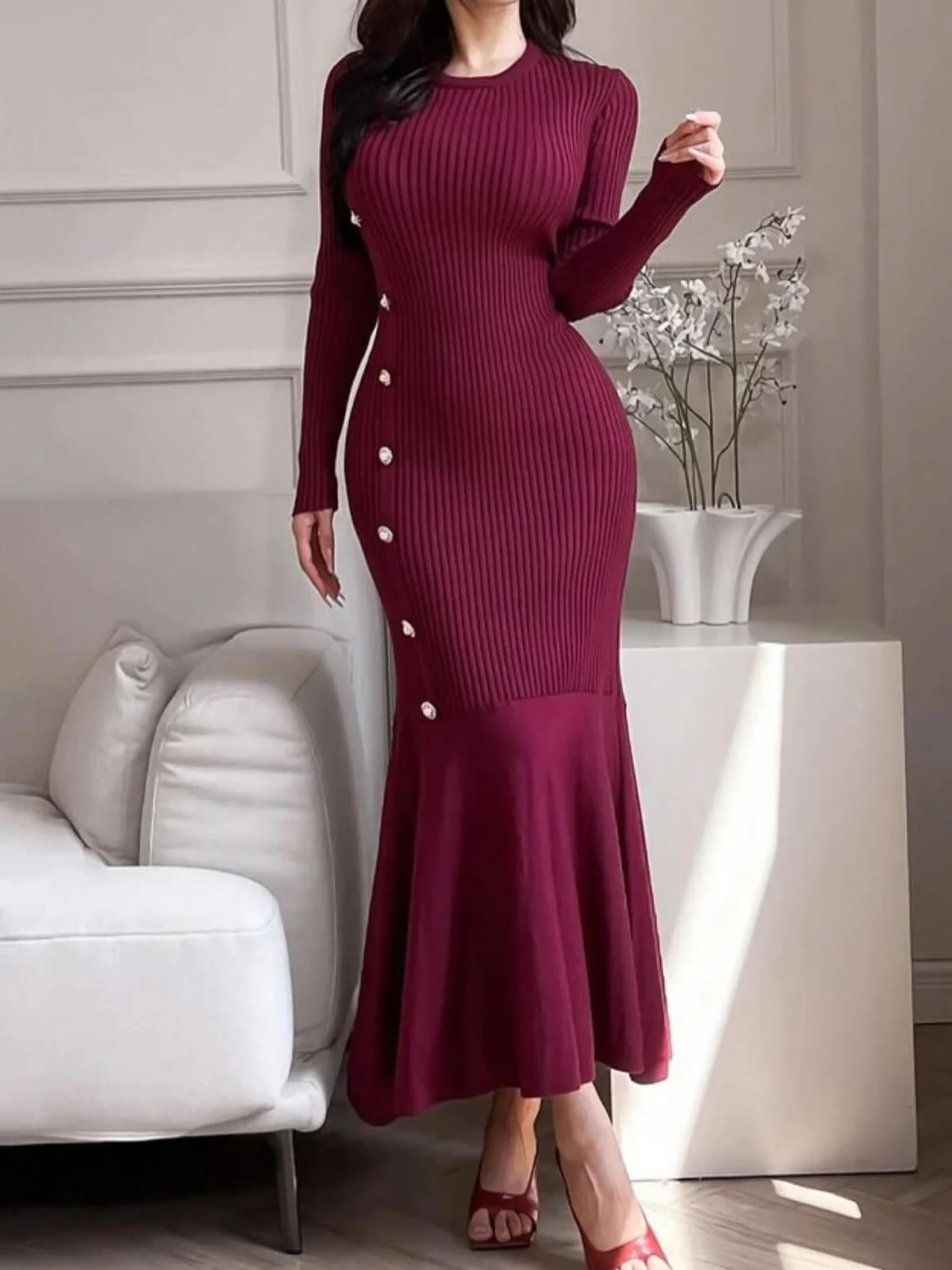 Medium Elasticity Elegant Crew Neck Tight Maxi Sweater Dress